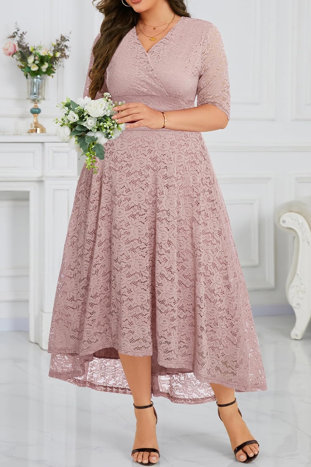 Plus Size Wedding Guest Dress - Lace Cocktail Formal Faux Wrap V Neck High Low Short Sleeve Party Maxi Dresses - Image 5