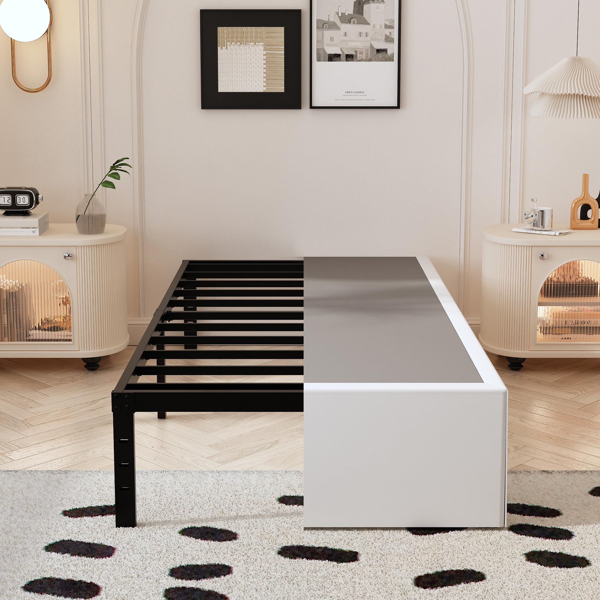 14 Inch XL Twin Bed Frame with White Fabric Cover, Heavy Duty Metal Twin XL Platform Bed Frame, No Box Spring Needed, Support Up to 2500 lbs, Easy Assembly, Noise Free, Black