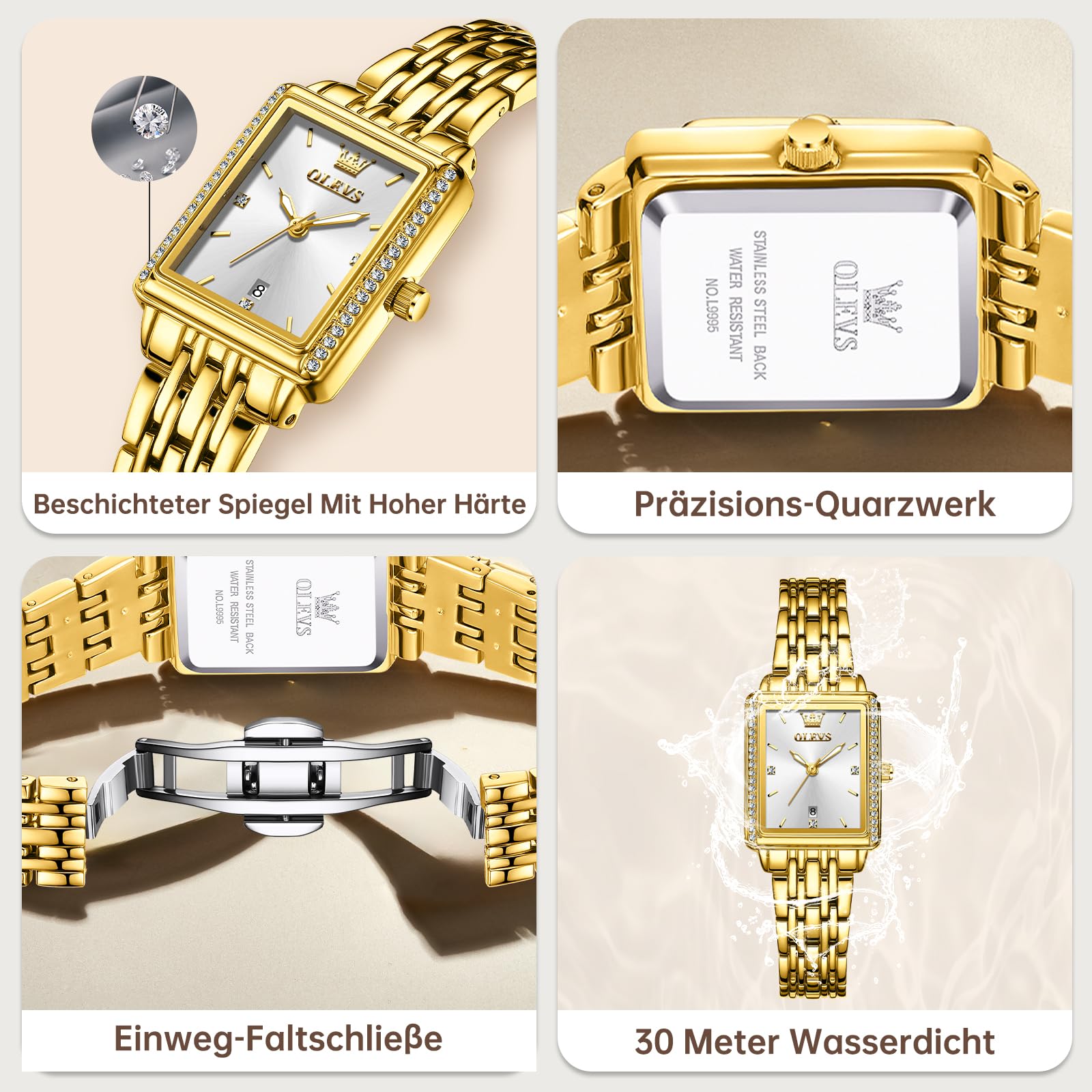 OLEVS Gold Uhren für Frauen Quadrat, Edelstahl Armband Damenuhren Kleines Gesicht, Retro wasserdichte Leuchtende Damen Armbanduhren mit Datum Leicht zu Lesen