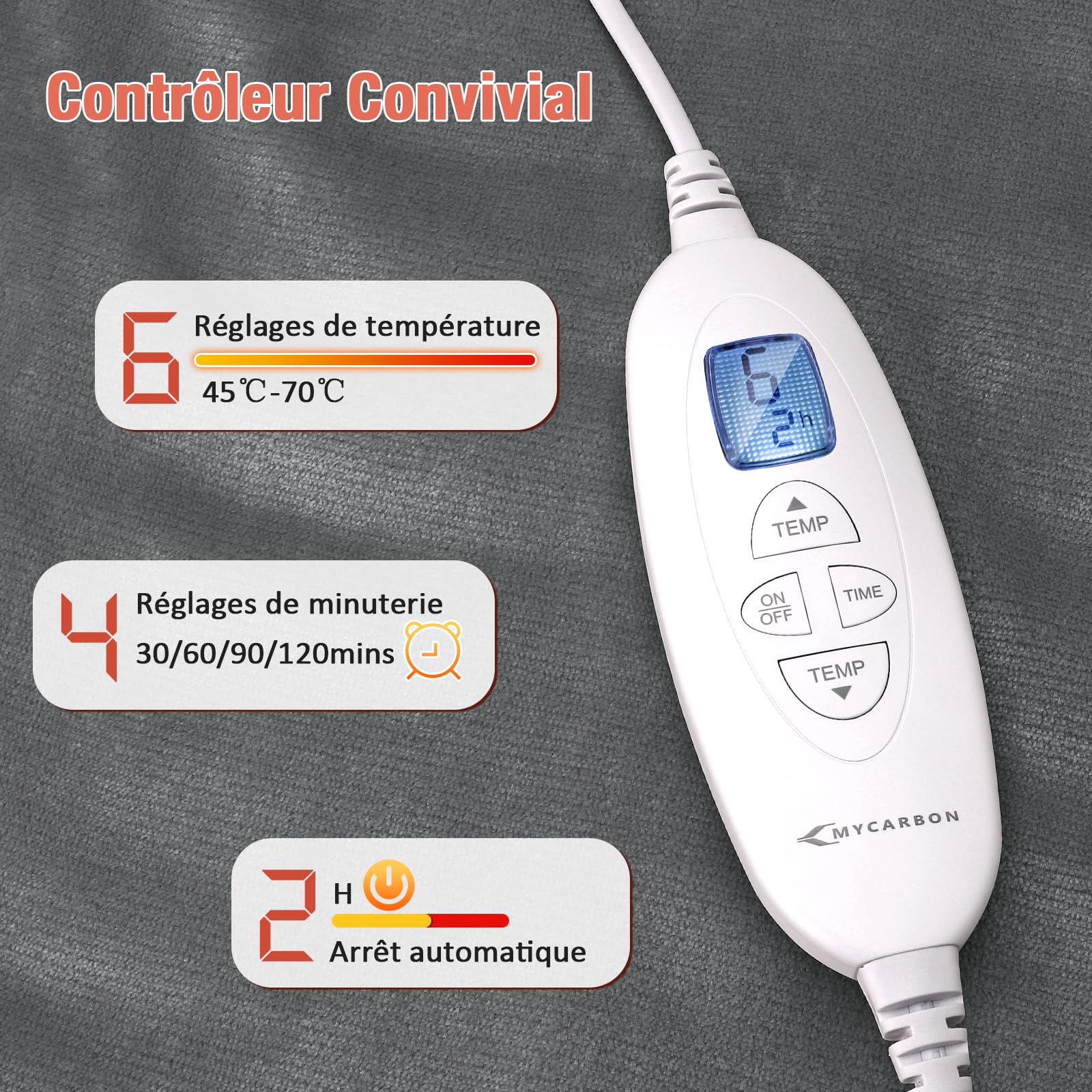 MYCARBON Coussin Chauffant Électrique pour Dos Épaules Nuque Coussin Chauffant Cervicales 60x100cm Arrêt Automatique 6 Températures 4 Timer avec Contrôleur Chauffage Rapide Lavable en Machine, Gris