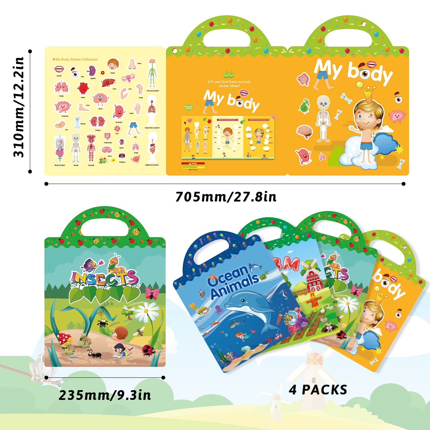 GUYUCOM 4 Pezzi Stickers Book: Libro Adesivi Attacca e Stacca Bambini 2 3 4 5 6 Anni Animali Marini, Parte del Corpo, Insetto, Giocattolo per Bambini, Regalo Educativo Compleanno Riutilizzabile