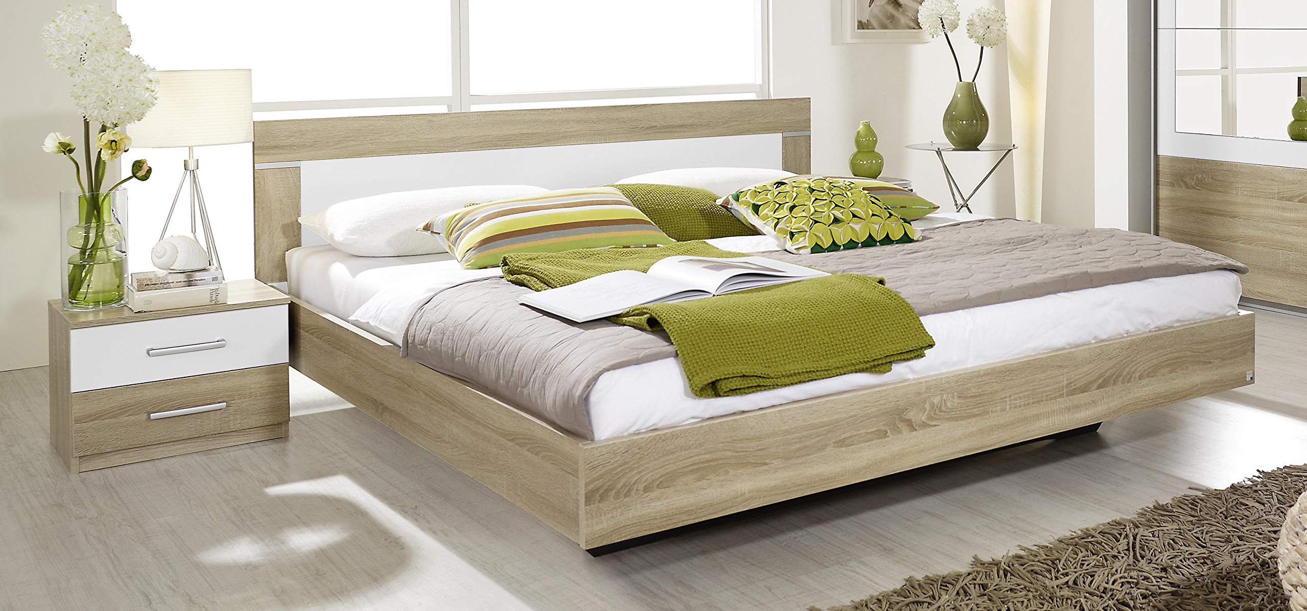 Rauch Möbel Meuble Venlo Lit Double avec 2 Tables de Chevet, Sonoma Chêne/Blanc, Surface Couchée 160X200 Cm, Système de Lit Réglable Compret Tables de Chevet Lxhxp 265X83X205 Cm