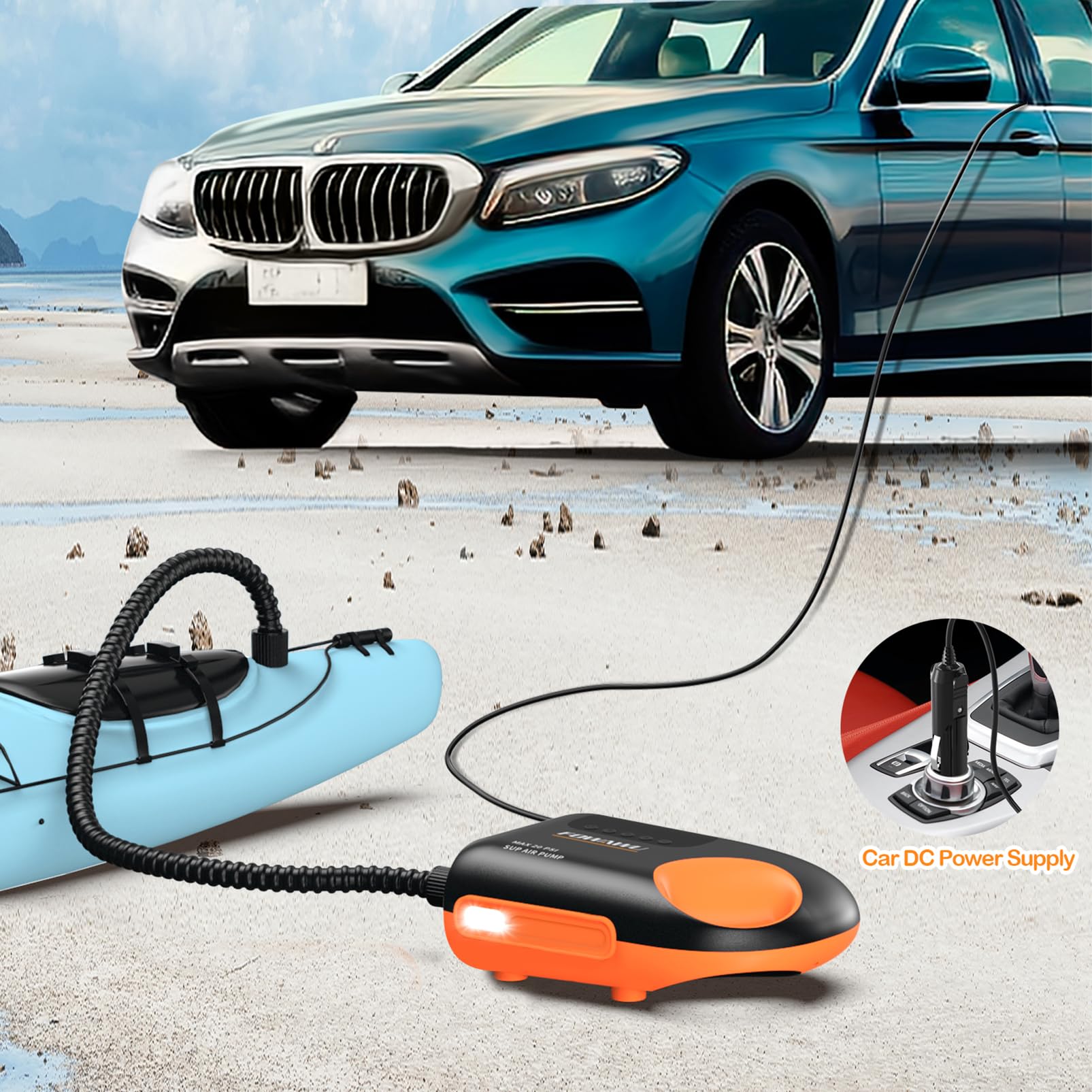 FOWAWU 20 PSI Paddleboard Pump, Sup Pump Electric DC 12V Car Connector, Paddle Board Pump Intelligent Dual Stage Inflation & Deflation, Auto-Off