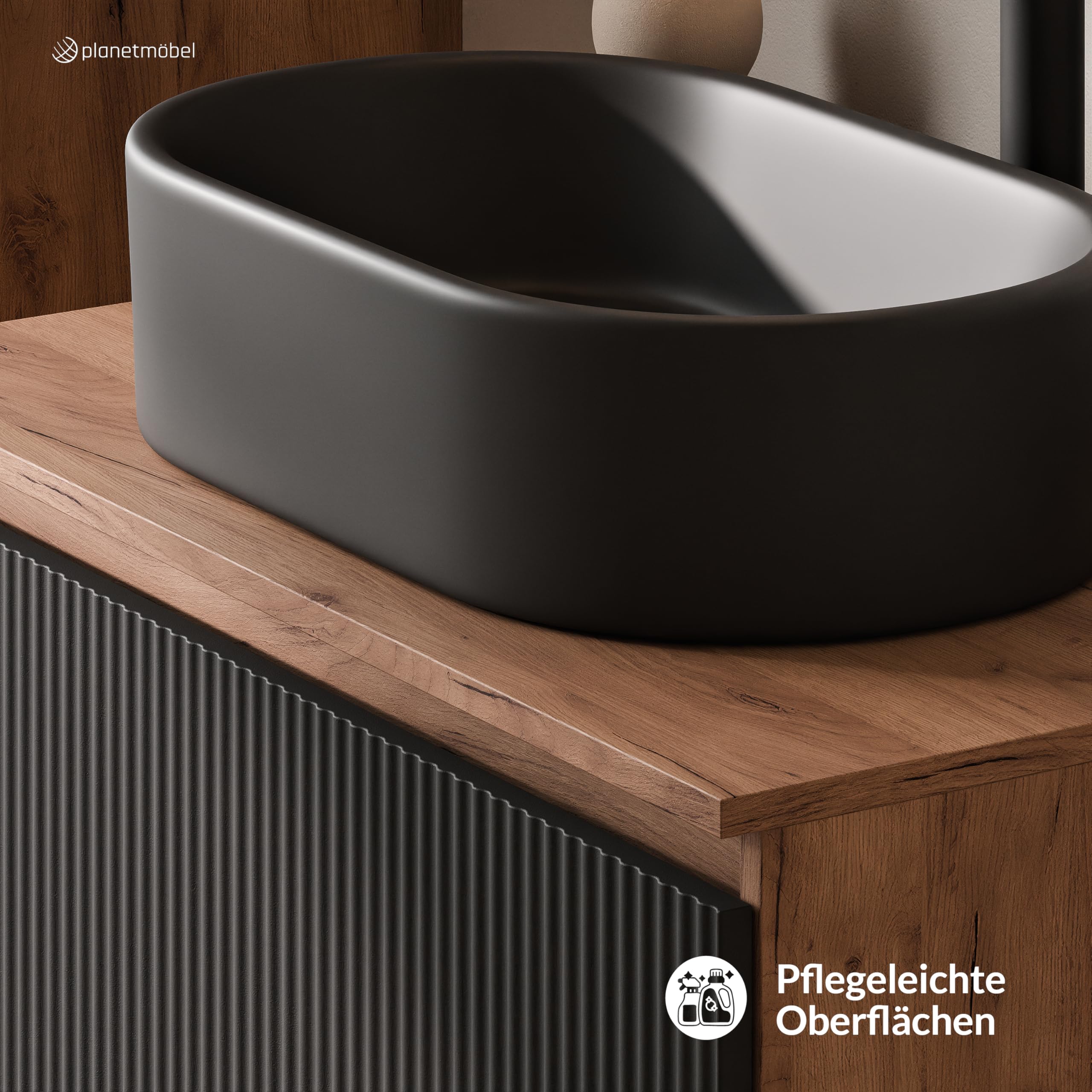 Planetmöbel - Set di mobili da bagno, composto da mobile sottolavabo da 80 cm in oro, rovere nero (a righe), lavandino da 55 cm nero, incluso sifone salvaspazio