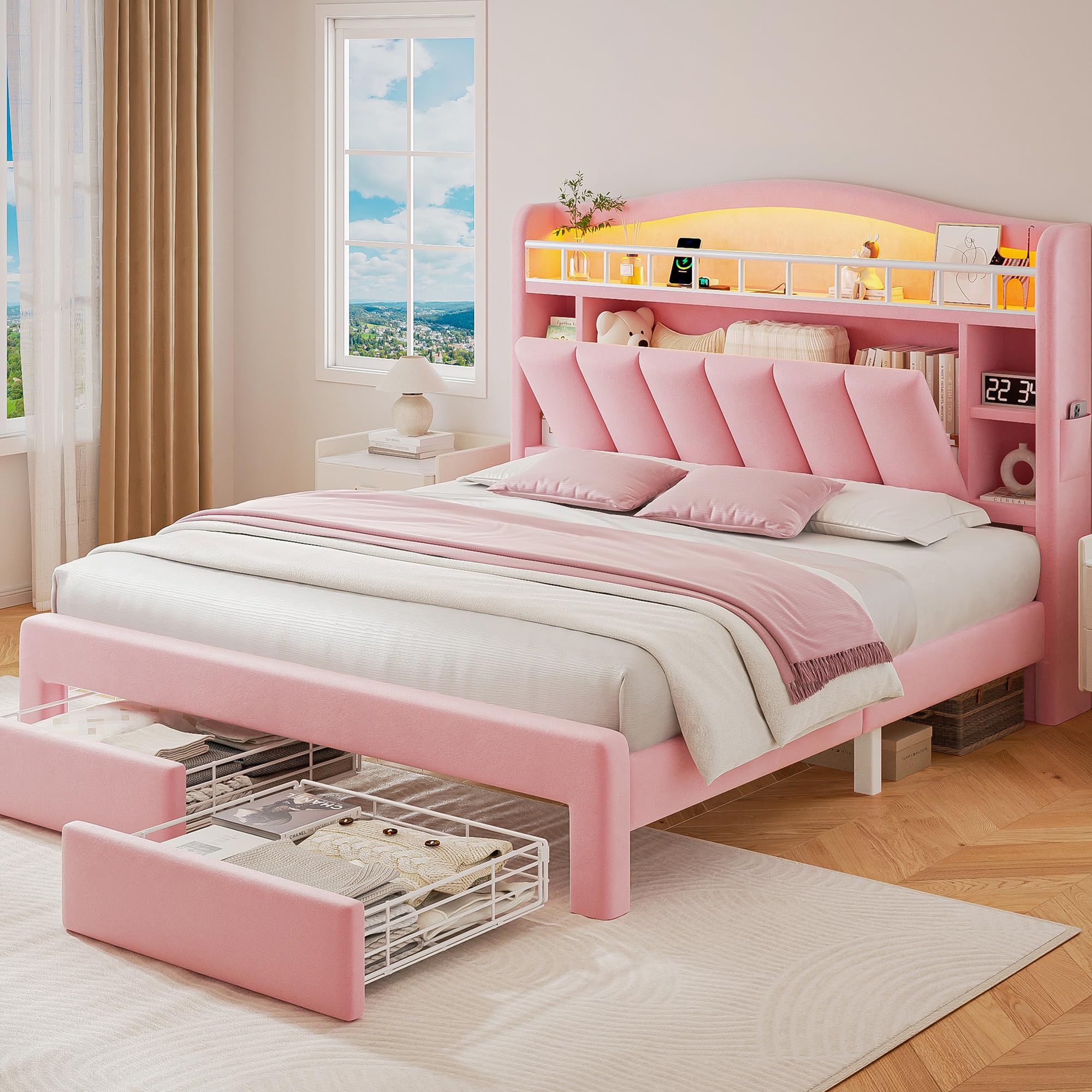 Full LED Bed Frame with Storage Headboard & 2 Storage Drawers, Princess Velvet Upholstered Bed with Vertical Tufted Headboard Design for Girls, USB &