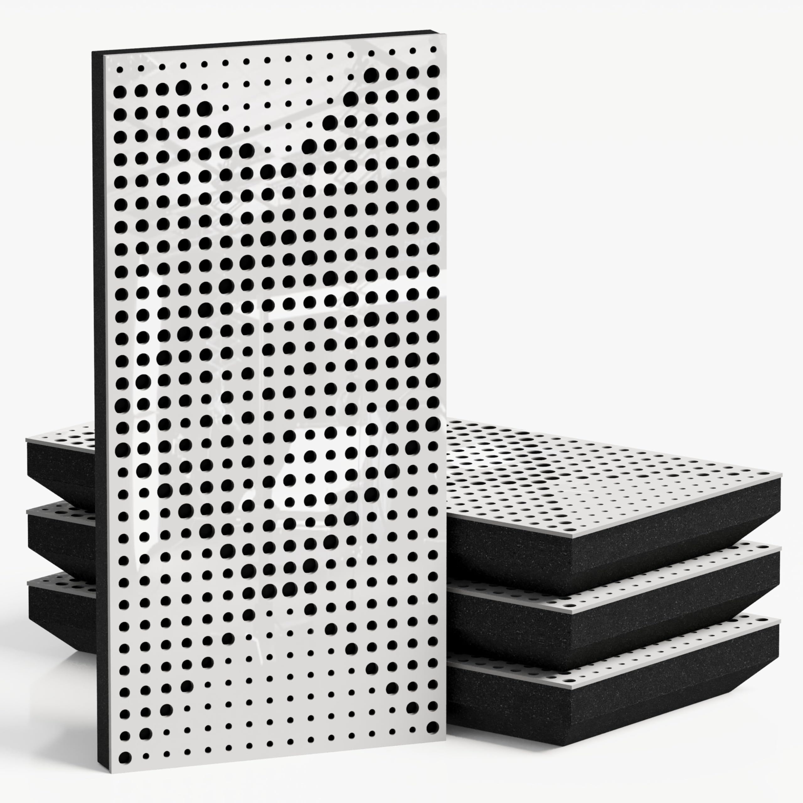 4-pak - wąskie panele akustyczne z aksamitną tkaniną, 50 x 25 cm, dekoracyjna kontrola szumów i redukcja echo, pochłanianie dźwięku i dyfuzja, kolor: [WILDS-F - biały plastik | czarny]