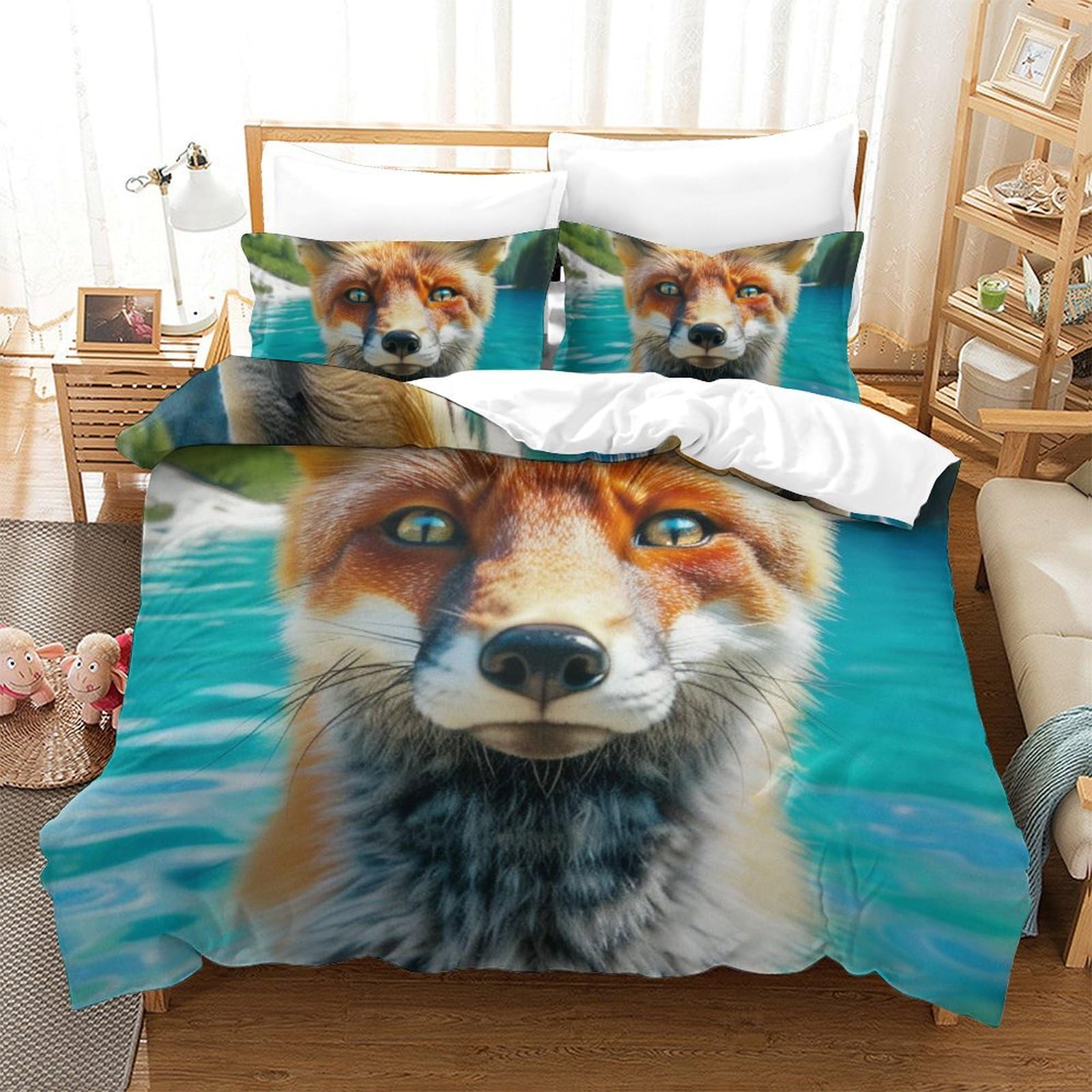 Housse de couette King 3D renard parure de lit microfibre douce