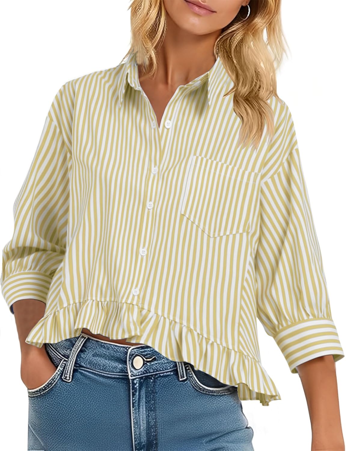 LOMON Womens 3/4 Sleeve Button Down Tops Dressy Casual Collared Shirts Blouses Ruffle Babydoll Tops Loose Fit