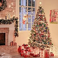 Vista 9 de Hykolity 7.5 ft Prelit Snow Flocked Christmas Tree, Partially Frosted Xmas Pine Tree with Red Berries, 350 Warm White Lights, 1372 PVC Branch Tips