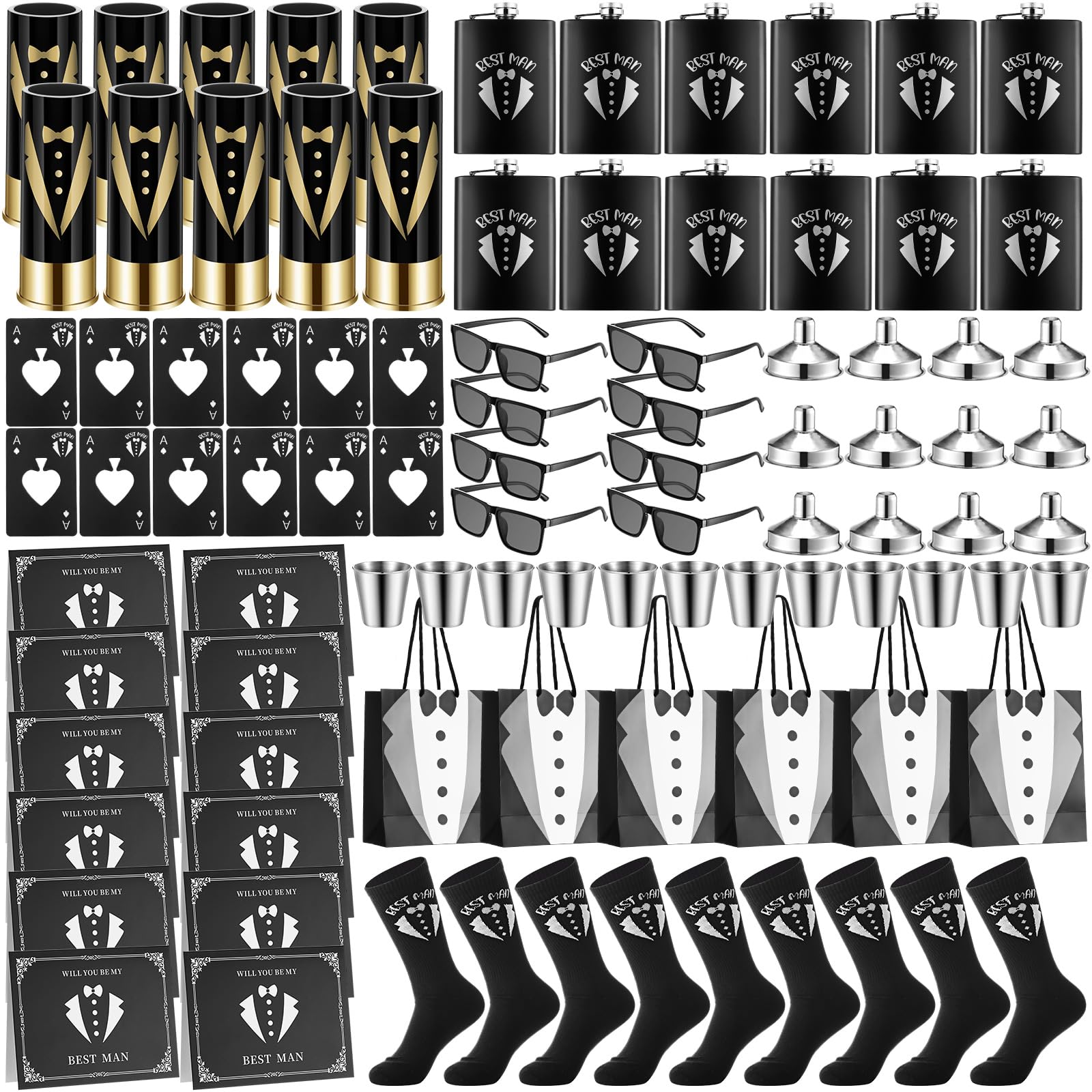 MifociMifoci 108 Pcs Groomsmen Gifts Set of 12 Pcs 8 oz Tuxedo Flask 12 Funnel 12 Groomsmen Proposal Gift Bags 12 Bottle Opener 12 Wine Glasses 12 Socks 12 Cards for Wedding Bachelor Party Favors