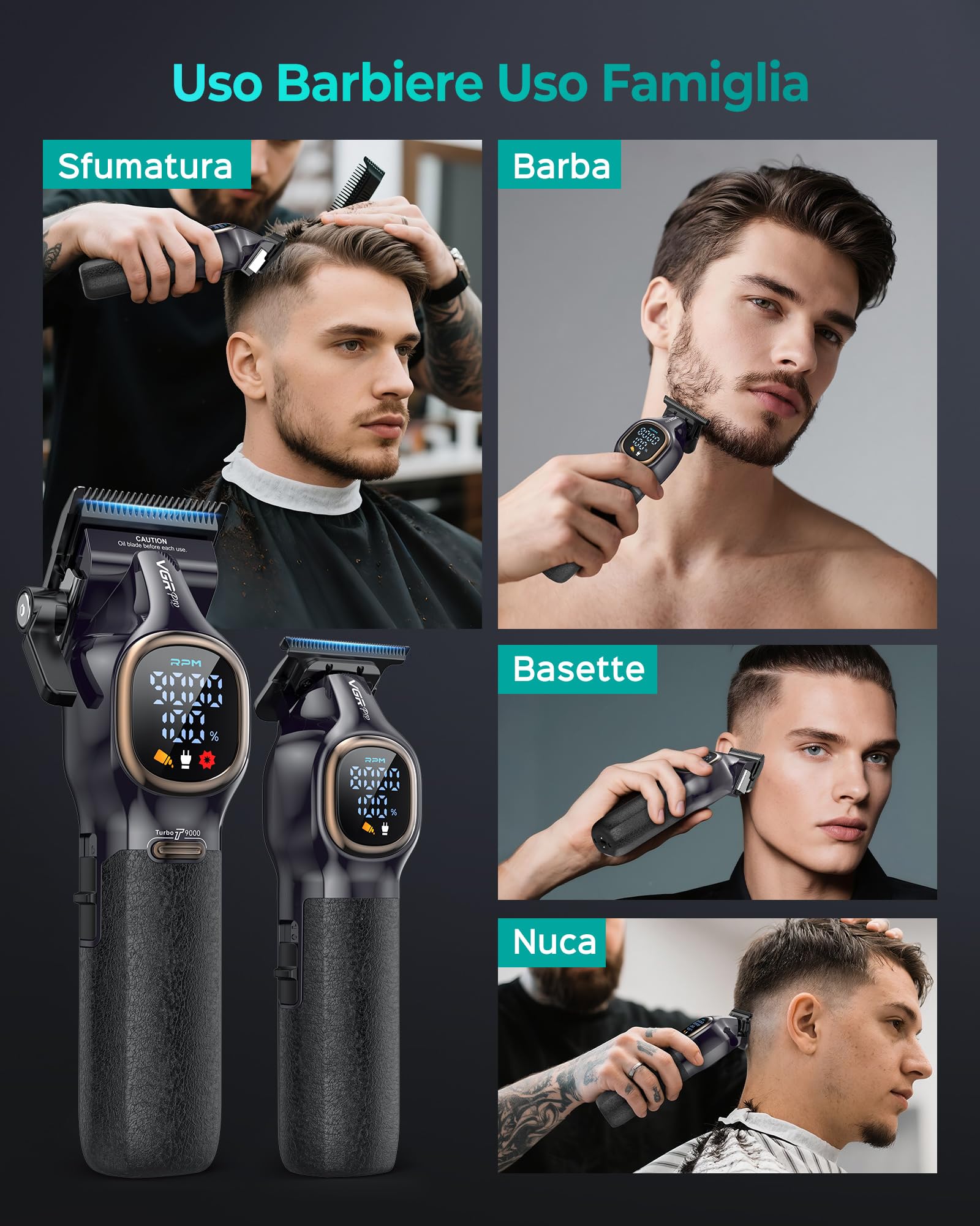 VGRPRO Tagliacapelli Uomo Professionale, 9000RPM Kit Barbiere, Senza fili | Set Macchinetta per capelli e Trimmer,14 Pettini guida,Display LCD, Base di ricarica, 4h autonomia, Grip antiscivolo,Custodia