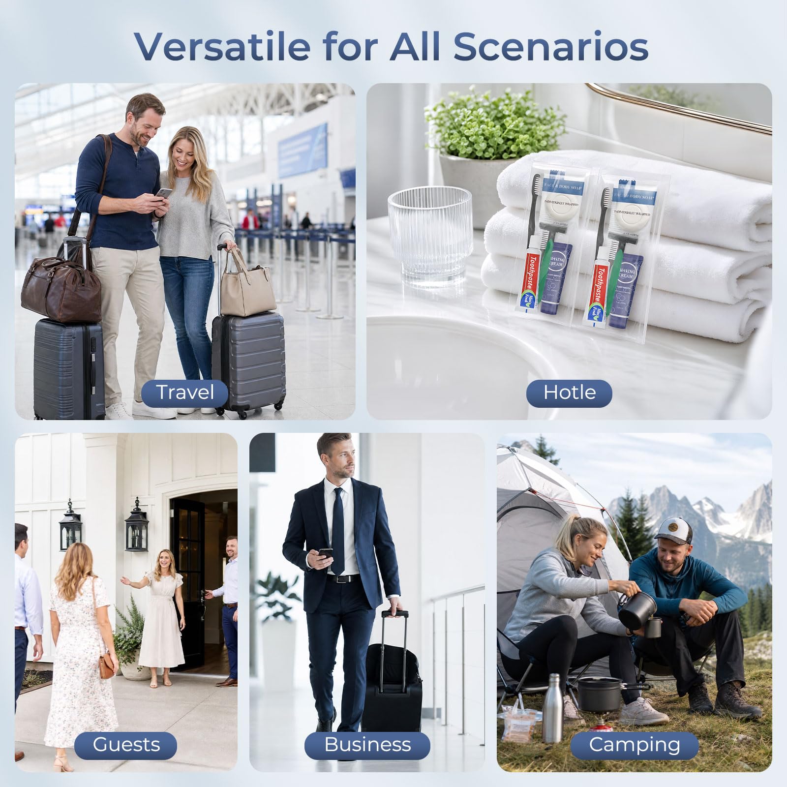 Kit da toeletta da viaggio, kit di igiene personale usa e getta, 6 in 1, kit di articoli da toeletta di base per uomini e donne, forniture per la cura dei senzatetto, kit di beneficenza per