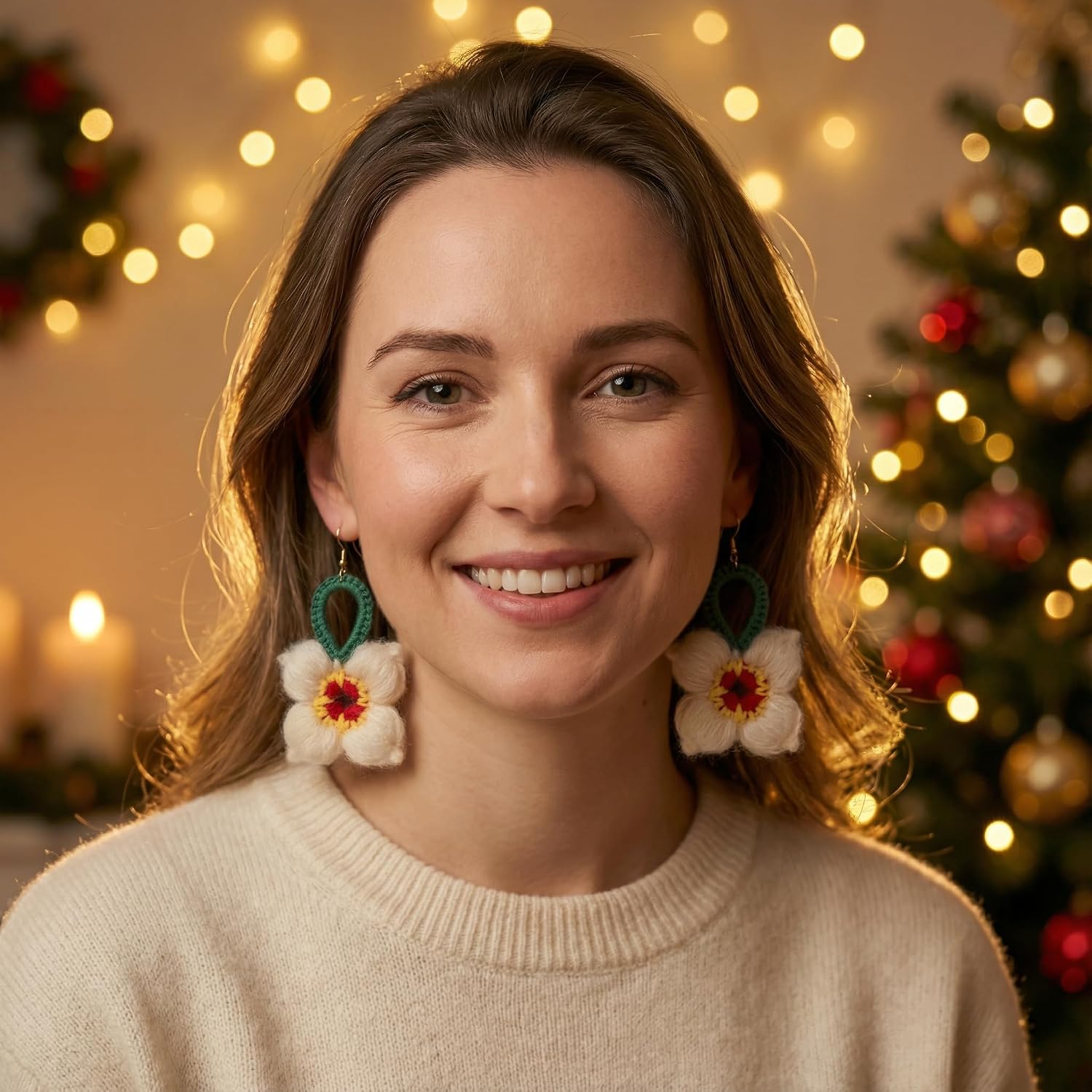 Handmade Crochet Flower Earrings for Women | Ivory & Green Cozy Bloom Design | Lightweight Soft-Petal Dangle Jewelry | Hypoallergenic 18K-Gold-Plated Sterling Silver Hooks | Holiday & Everyday Gift