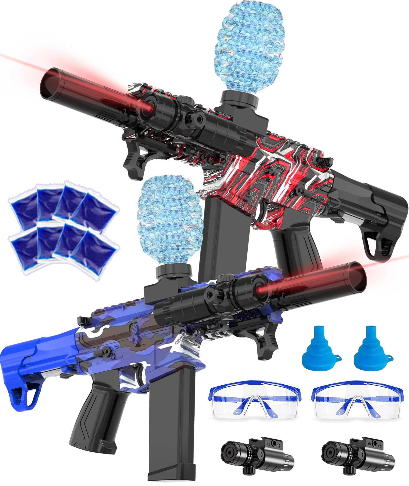 2 Pack Electric Gel Ball Blaster, High Speed Automatic Splatter Ball Blaster with 60000+ and Goggles, Rechargeable Splatter Ball Toys for Outdoor Activities Game Party-Red&Blue