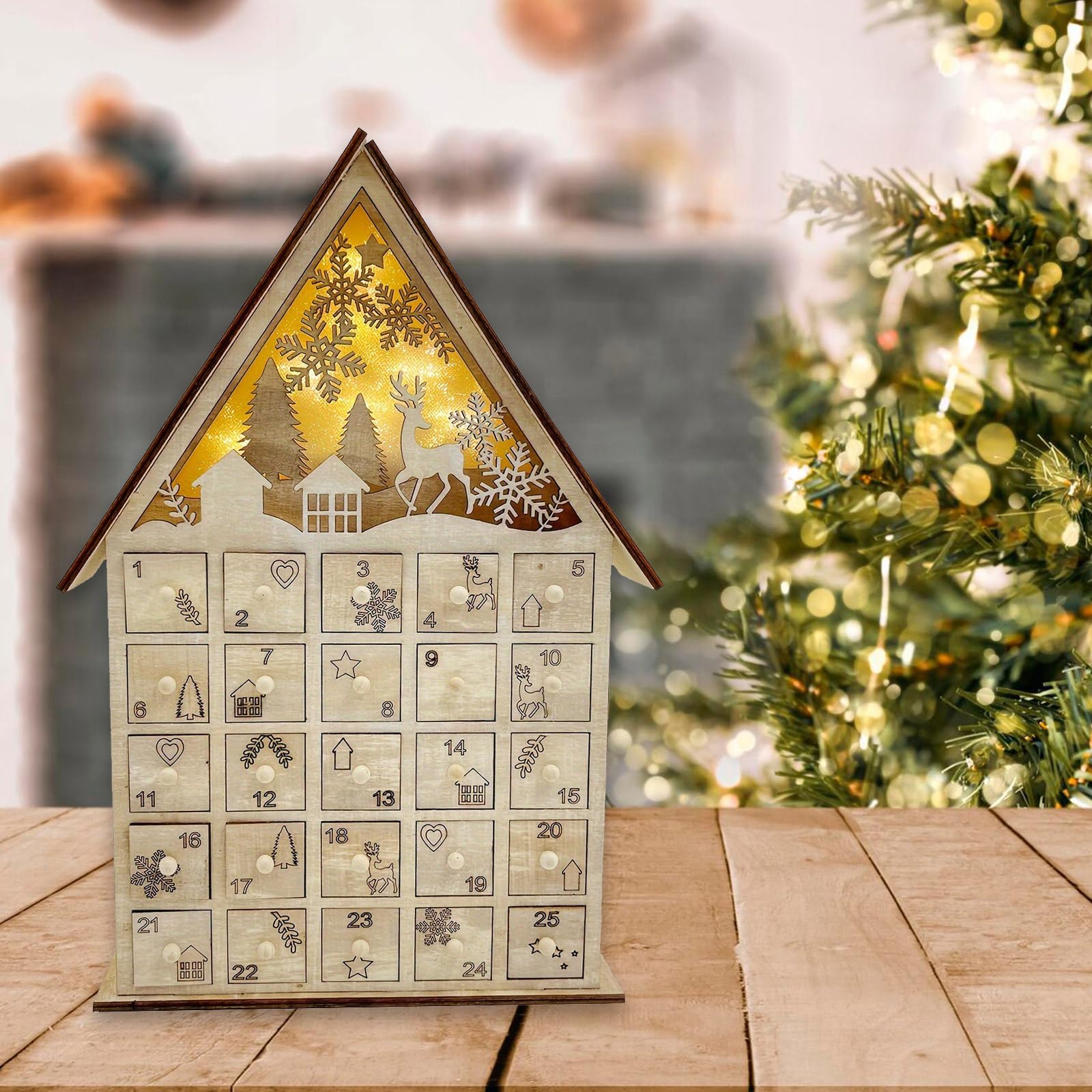 Calendario per Conto alla rovescia delle FESTIVITÀ in Legno Elegante Calendario per Conto alla rovescia Natale con luci a LED e 24 cassetti portaoggetti, Decorazioni Illuminate a LED