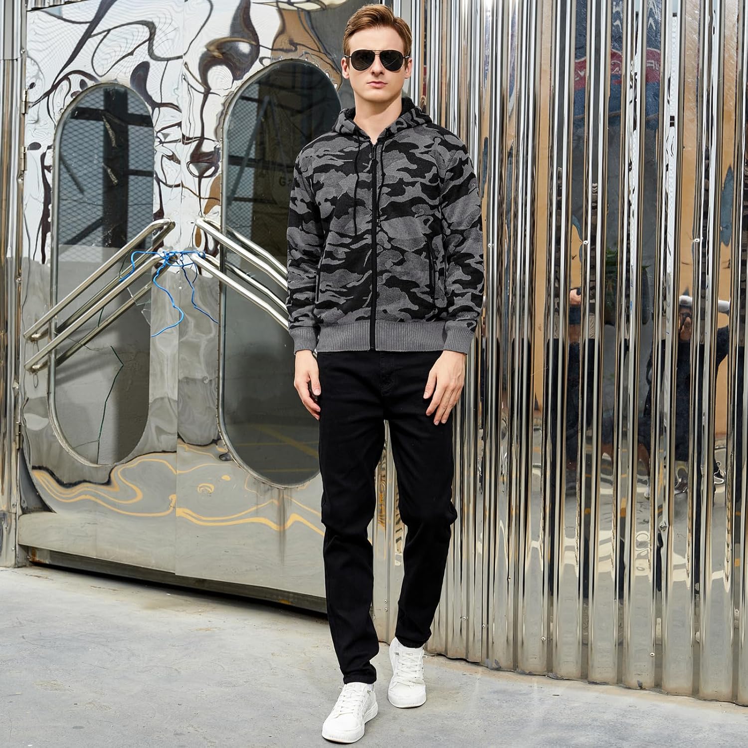 Men's Casual Zip Up Drawstring Hoodie Sweatshirt Jacket Sherpa Lined Fleece Long Sleeve Camo Jacket Coat with Pockets - Image 6