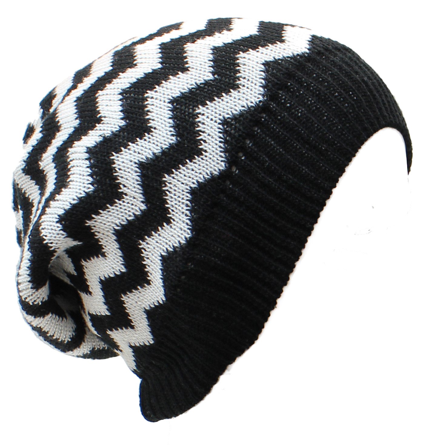 an Baggy Beanie Hat Cool Black and White Knit Zigzag Stripes Adults Teens