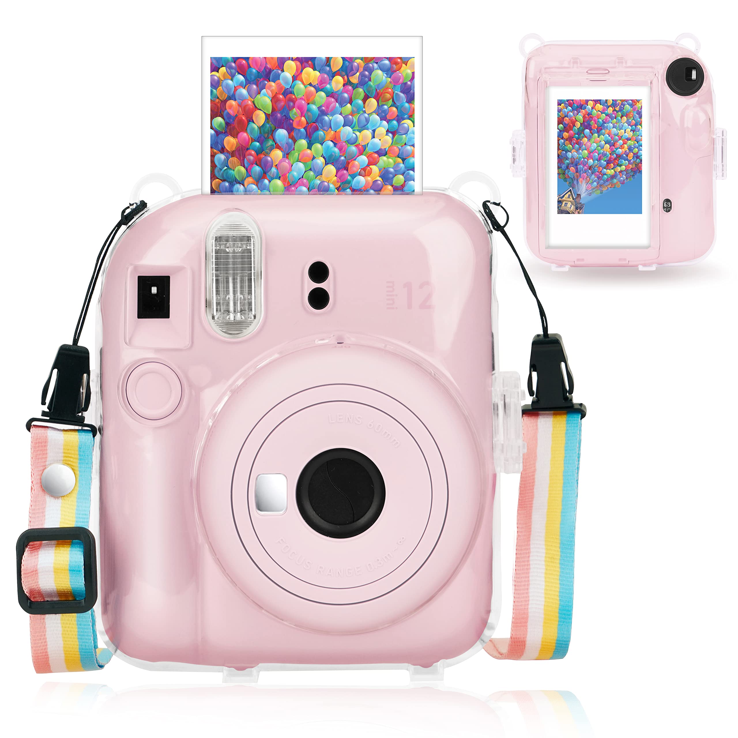 Camera Protective Case,Crystal Camera Case Compatible with Fujifilm Instax Mini 12 Instant Camera.With Adjustable Colored Shoulder Straps (Clear)