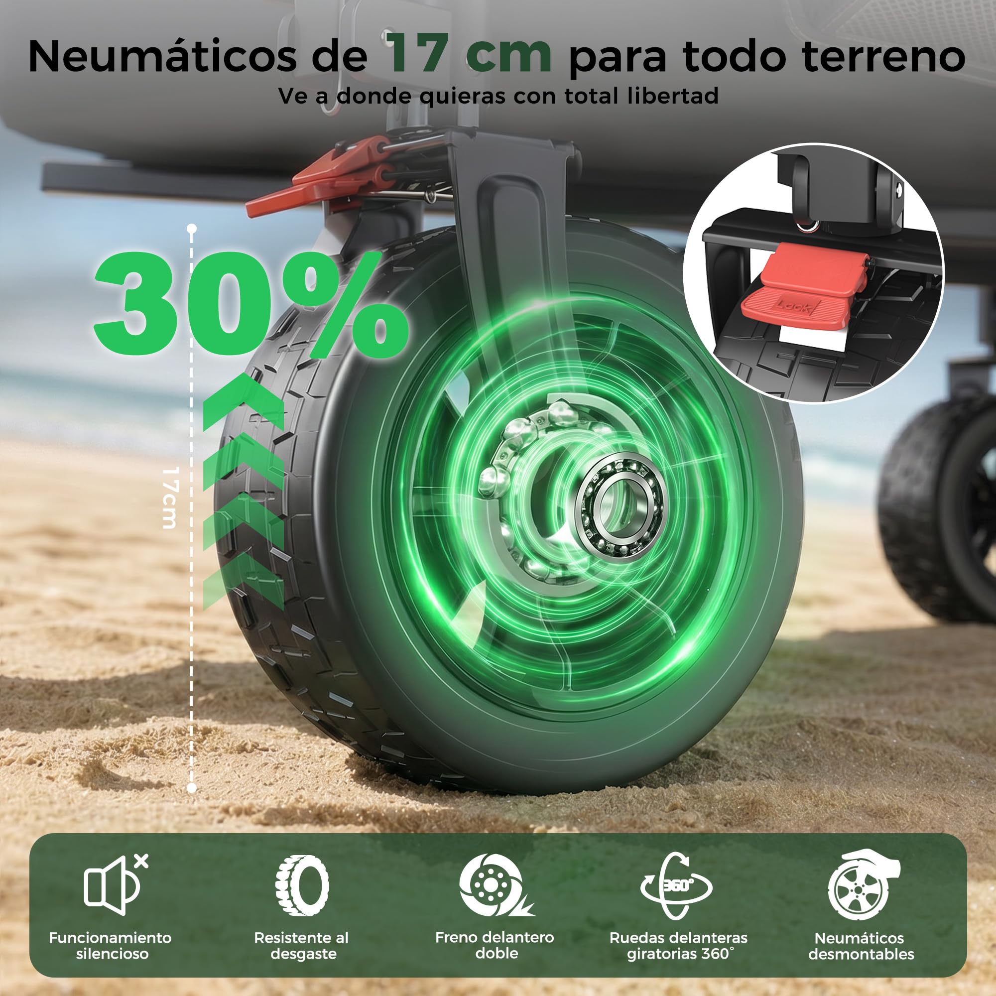 Carrello Spiaggia Pieghevole 260L, Carrello con Ruote Portatutto | Freno | Carrellino con Ruote Portatutto Max 200kg | Manico Regolabile | 25L Tasche Laterali | Esterni Giardino Campeggio(Nero)