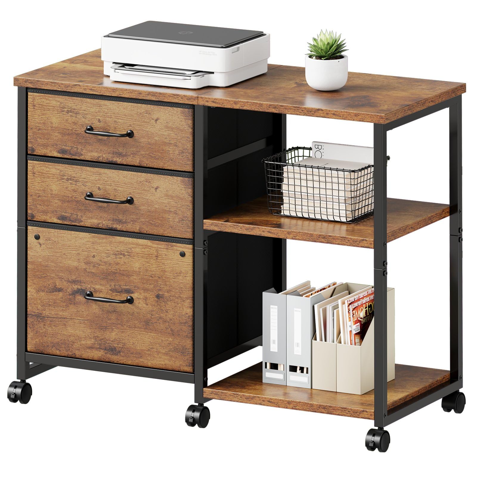 Maihail 3 Drawer File Cabinet with Wheels Rolling Printer Stand with Open Storage Shelf Fabric Lateral Filing Cabinet for Home Office,Rustic Brown2