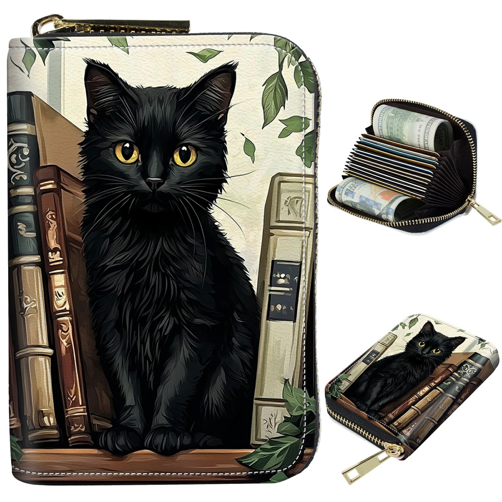 BWEGRHE Cute Credit Card Holder with Zipper, Black Cat Books RFID-Blocking Card Case Small Wallet for Women Men, Multi-slot Card Organizer Case Travel Accordion Wallet