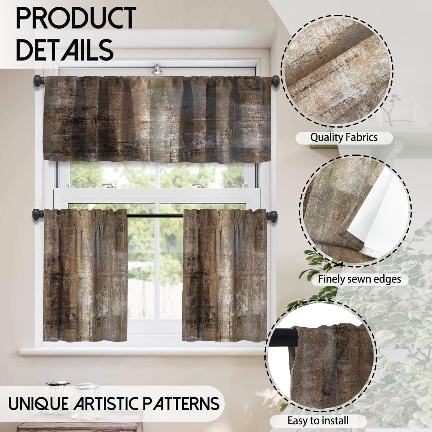 MCALK Brown Blackout Kitchen Curtains Tiers and Valances for Windows, Grey Kitchen Window Curtains, Modern Abstract Art Valances for Living Room (36" Tiers Set)