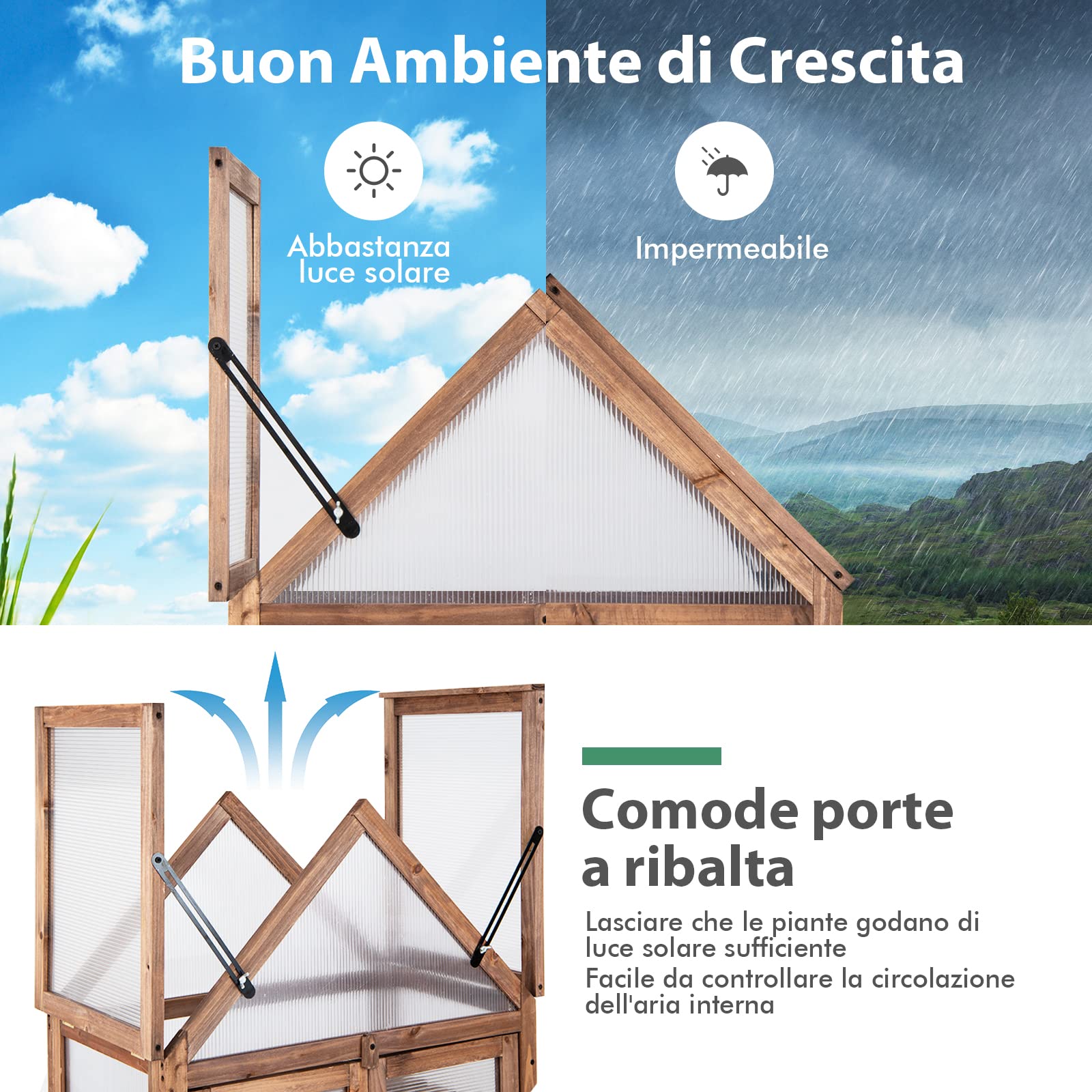 COSTWAY Mini Serra da Giardino in Legno a 3 Livelli, Serra da Giardino con Coperchio Apribile, Ripiani Rimovibili, Serra a Forma di Casetta da Interno ed Esterno, 71 x 41 x 133 cm