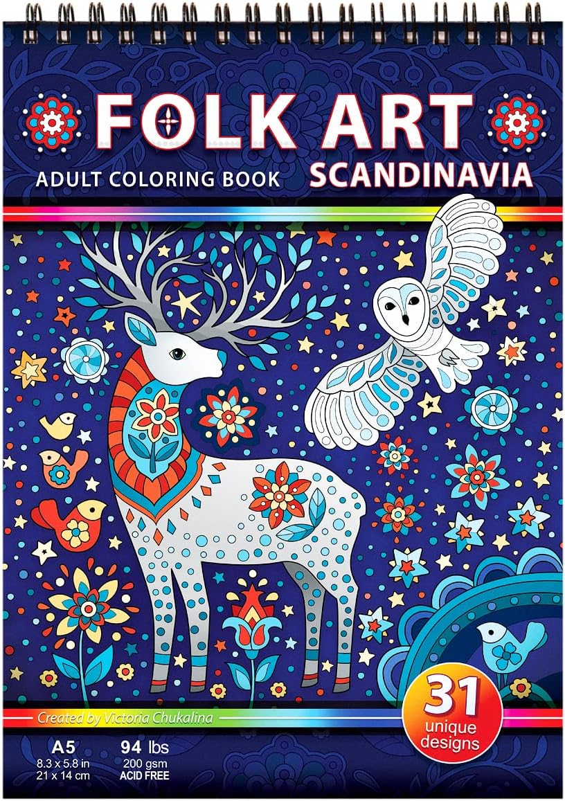 Folk Art. Scandinavia. Travel Size Adult Coloring Book on Thick Artist Paper with a Spiral Binding on the top