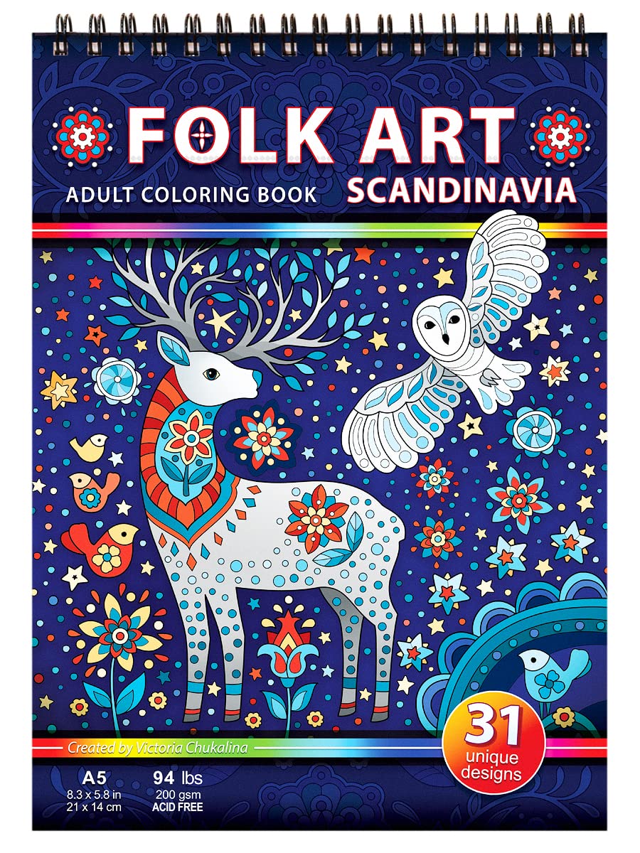 Folk Art. Scandinavia. Adult Travel Size Coloring Book on Thick Artist Paper with a Spiral Binding on The top
