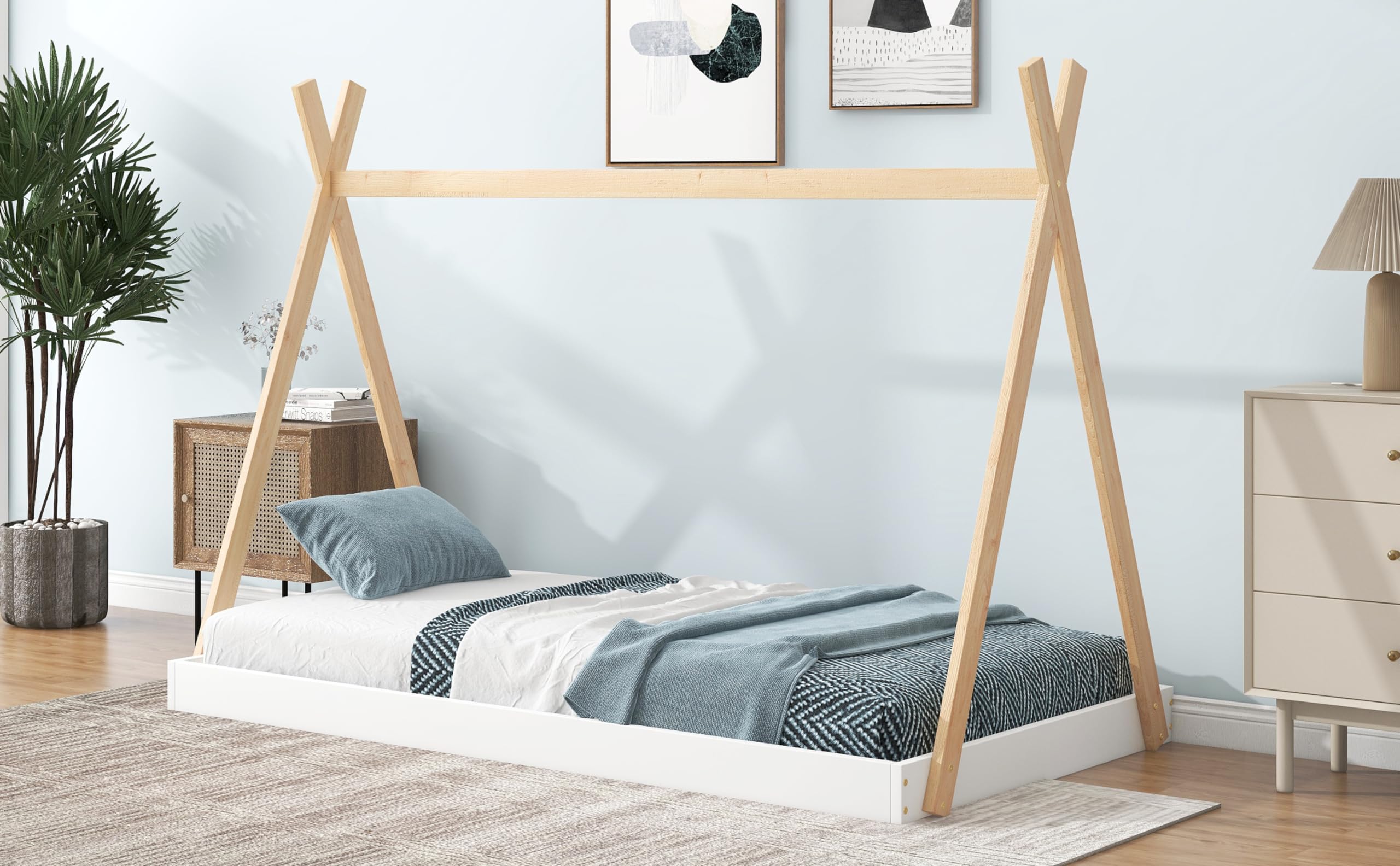 VeroFree Twin Size Tent Floor Bed with Triangle Structure White Natural Wood, Stylish Cozy Kids Bedroom for Boys Girls (White + Natural)