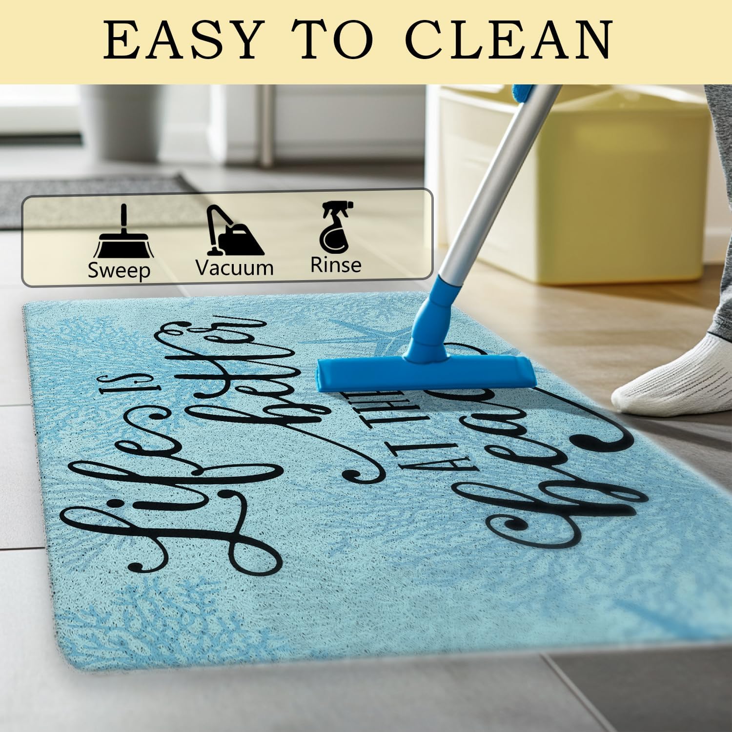 Coastal Beach Door Mat, Life is Better at The Beach Welcome Doormat for Front Door Indoor Outdoor Porch Entrance Entryway, Blue Ocean Beachy Welcome Mat Outside, 17x30 Inches