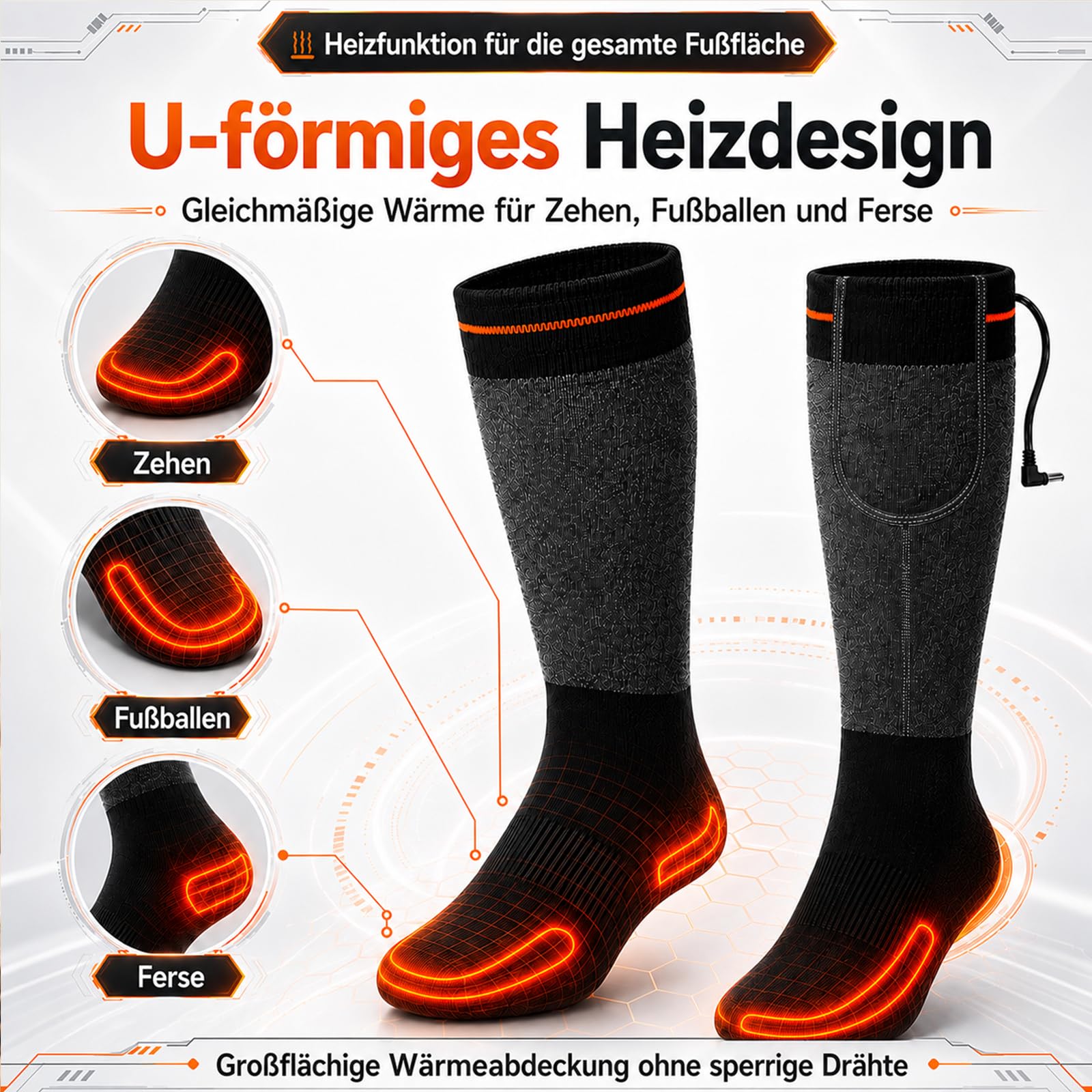 Chaussettes chauffantes rechargeables pour homme et femme - Batterie 5 V 6000 mAh - Chaussettes chauffantes électriques avec 3 niveaux de chaleur - Zone complète des pieds - Chaussettes thermiques
