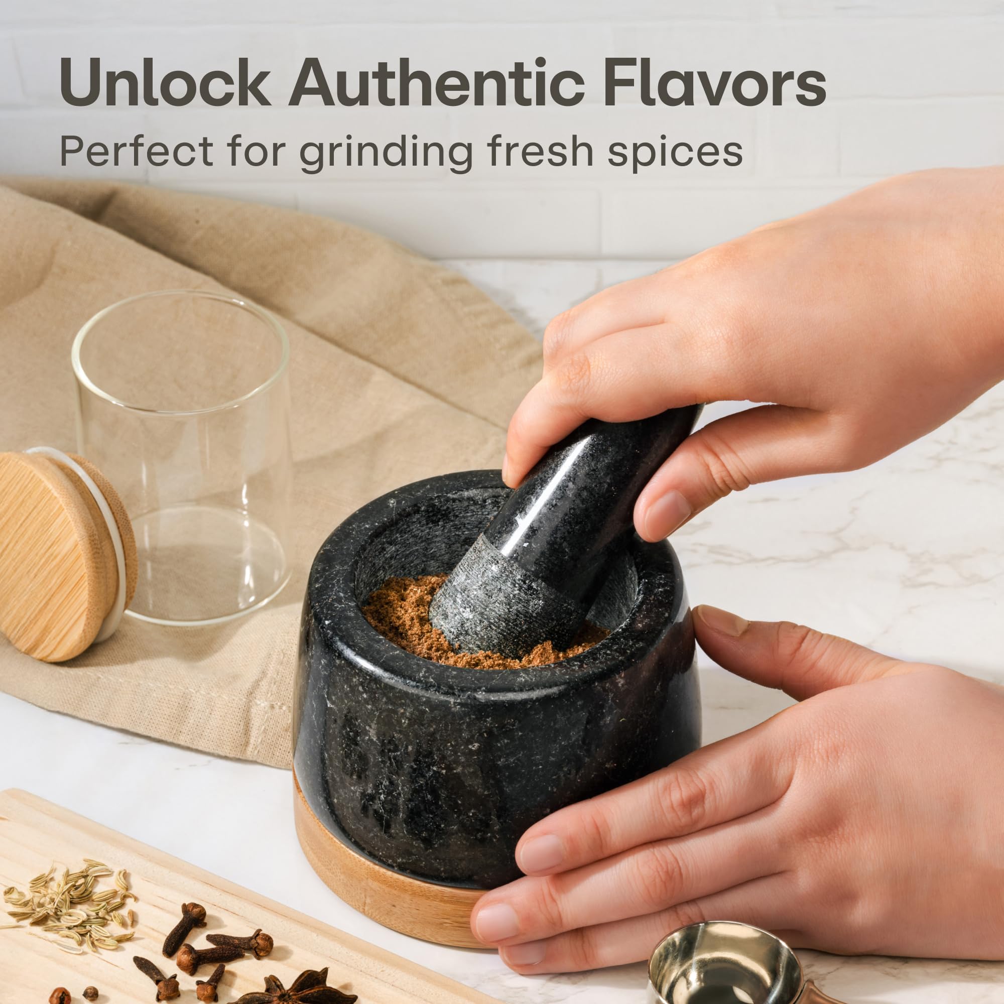 Praknu Mortar and Pestle Set Small - Heavy-Duty 1 Cup Stone Grinder for Spices, Herbs & Guacamole - Durable Granite - Non-Slip Wooden Base - Effortless Grinding & Easy to Clean