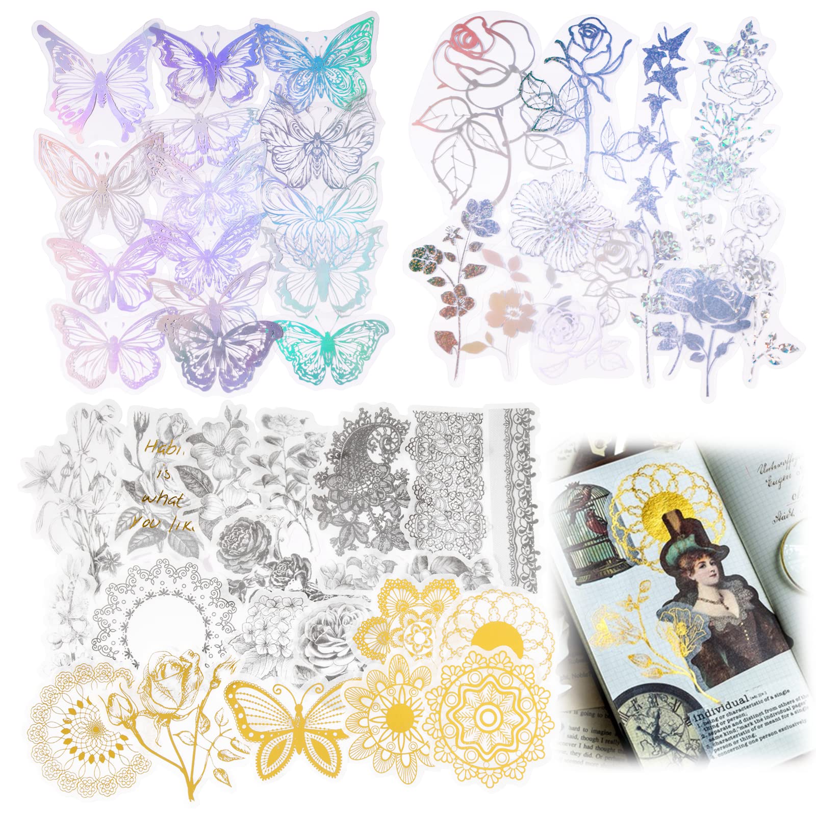150pcs Pegatinas Scrapbooking Holográfico Flores Mariposa Sticker Bullet Journal para Material de Scrapbooking Manualidades Álbumes de Recortes