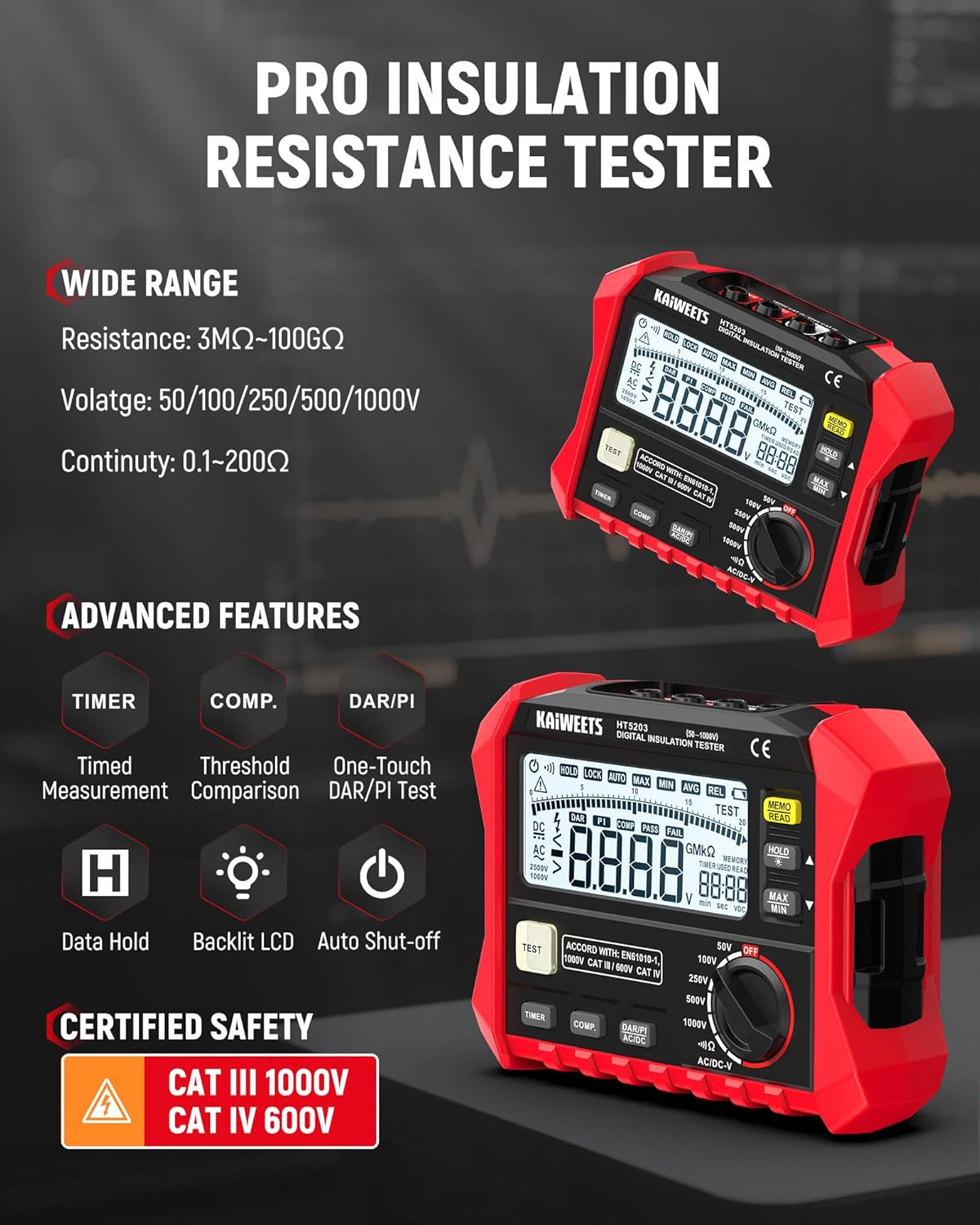 KAIWEETS Megohmmeter, Insulation Resistance Tester, Up to 100GΩ, 50V/100V/250V/500V/1000V, One-Touch DAR/PI, with AC/DC Voltage Testing for Motors, Solar, HVAC