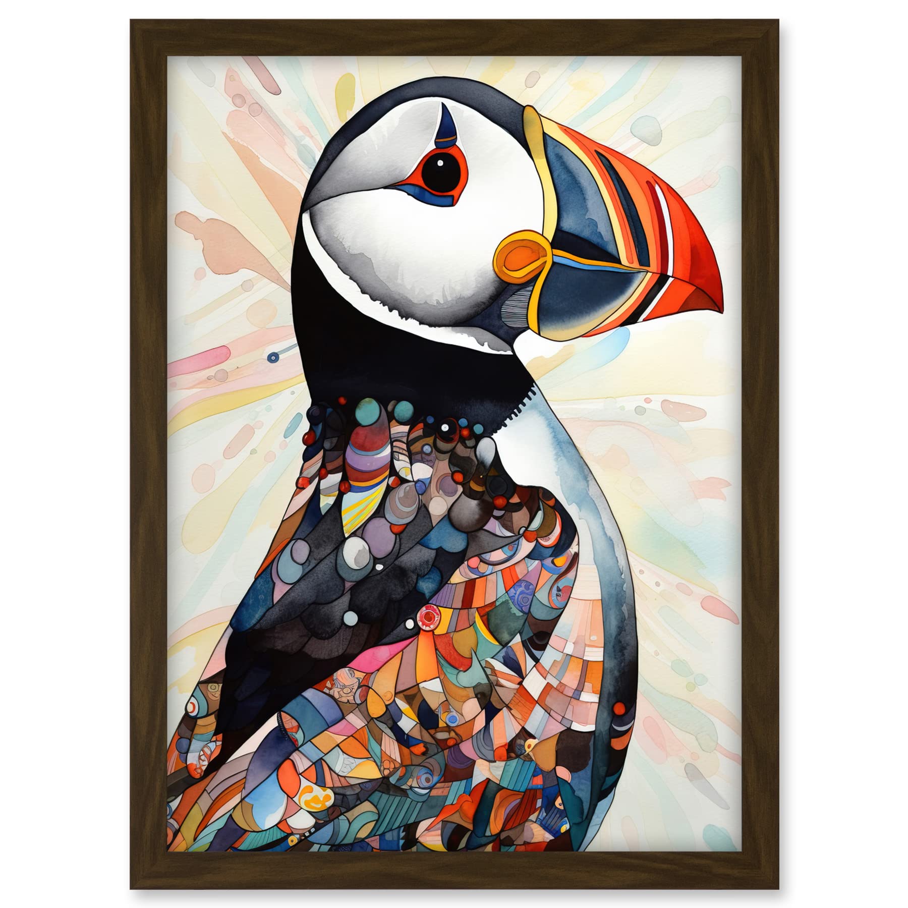 Artery8 Multicolour Pattern Feather Puffin Bird Folk Art Artwork Framed A3 Wall Art Print
