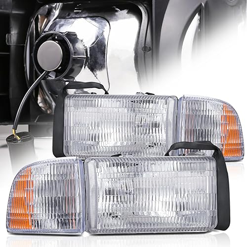 Magshion Conjunto de faros delanteros preinstalados compatibles con Dodge Ram 94-02 carcasa cromada de repuesto de lente de cristal transparente