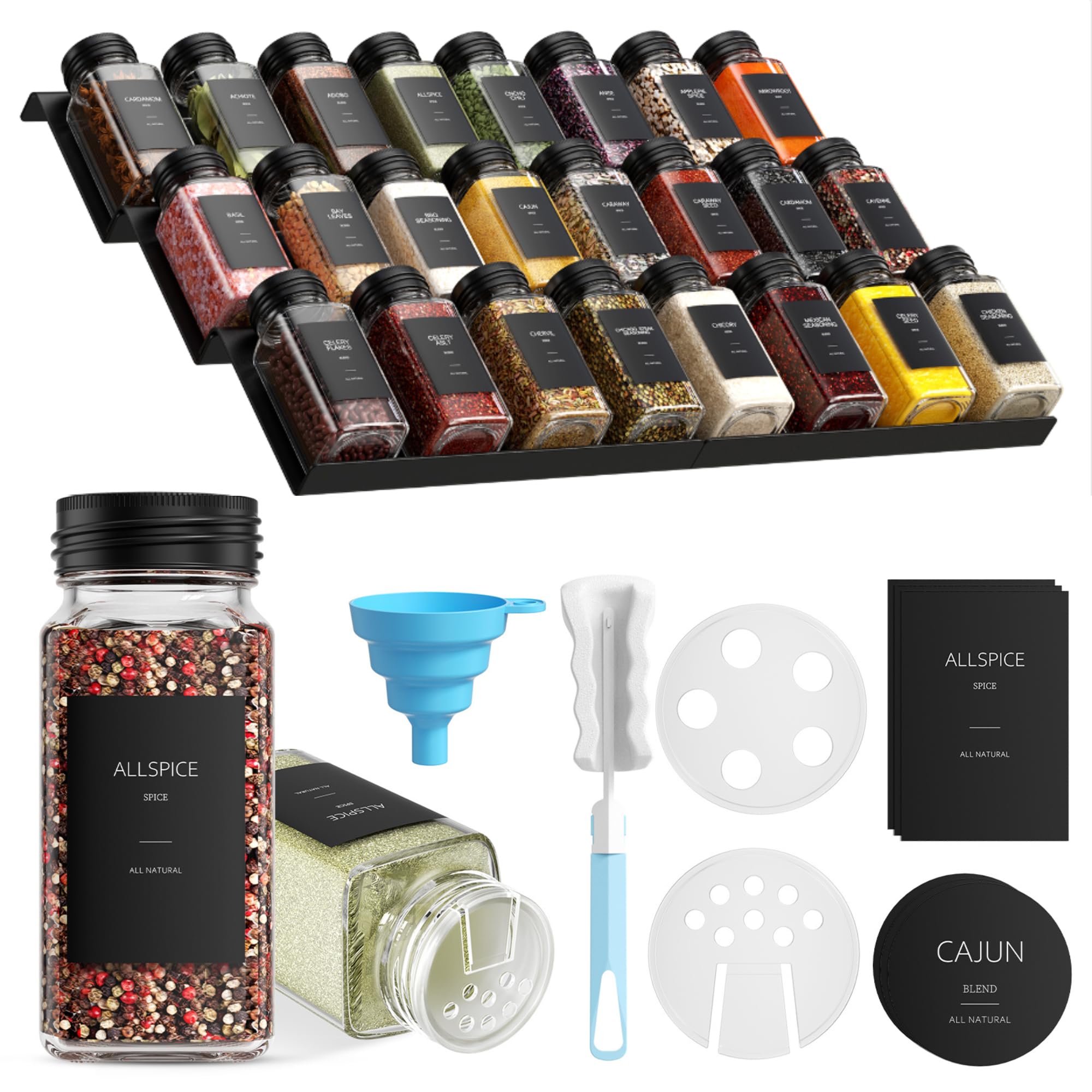 Rangement Epices Tiroir, 24 pièces A Epices De 120 Ml, Organisateur Porte Épices pour Tiroirs De 30 À 60 cm de Cuisine, Couvercle À Tamis, Étiquette, Entonnoir Et Brosse De Nettoyage, Forte Étanchéité