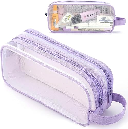 Miniatura 8 de Estuche grande de malla de malla con 2 compartimentos, bolsa transparente para lápices con cremallera, bolsa de papelería transparente multifunción