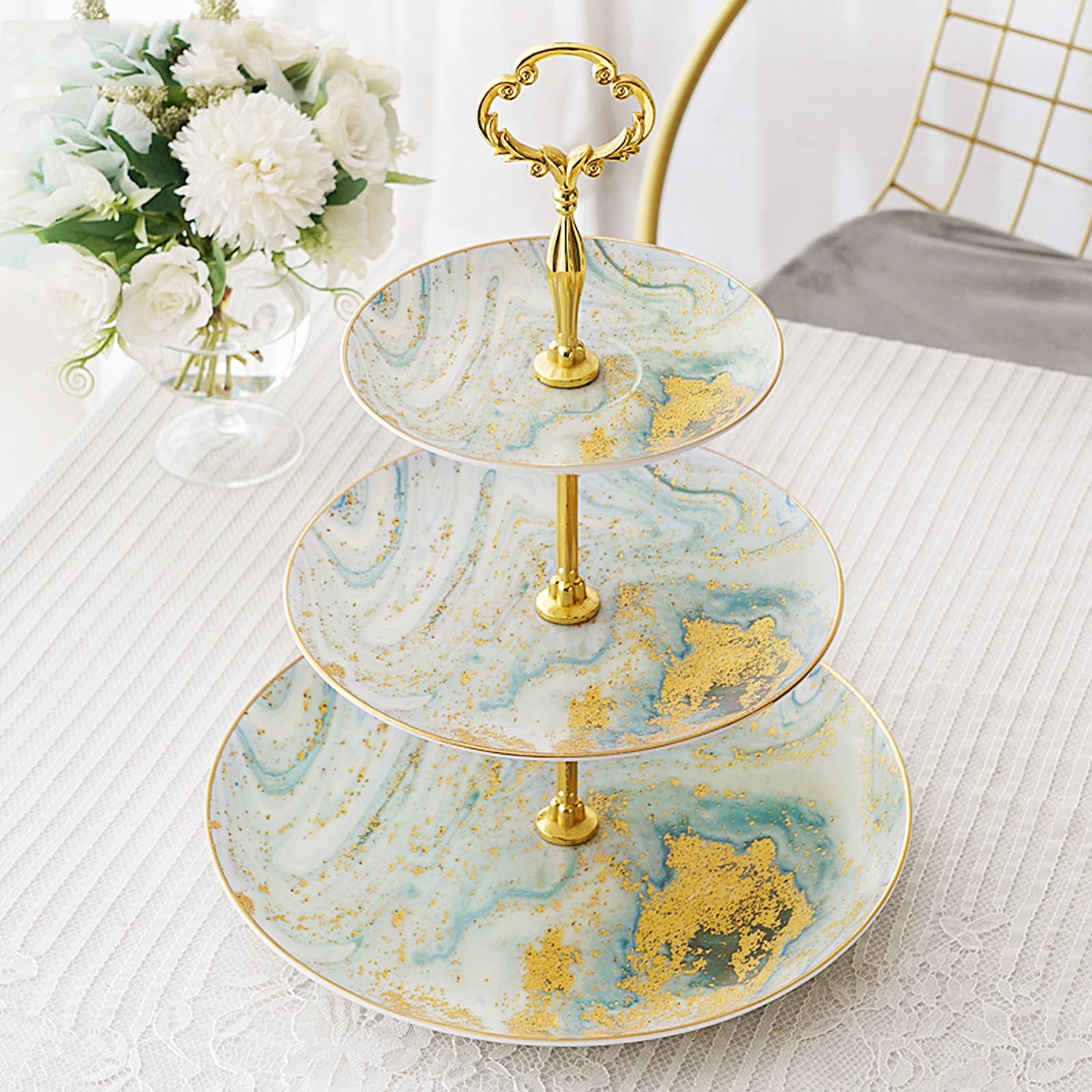 caihuashopping Présentoir à Gâteau Stand de gâteau en céramique créatif avec poignées métalliques Exquise Cupcake Affichage Stand Plateaux de pâtisserie de Mariage Multicouche Stand de Gâteaux