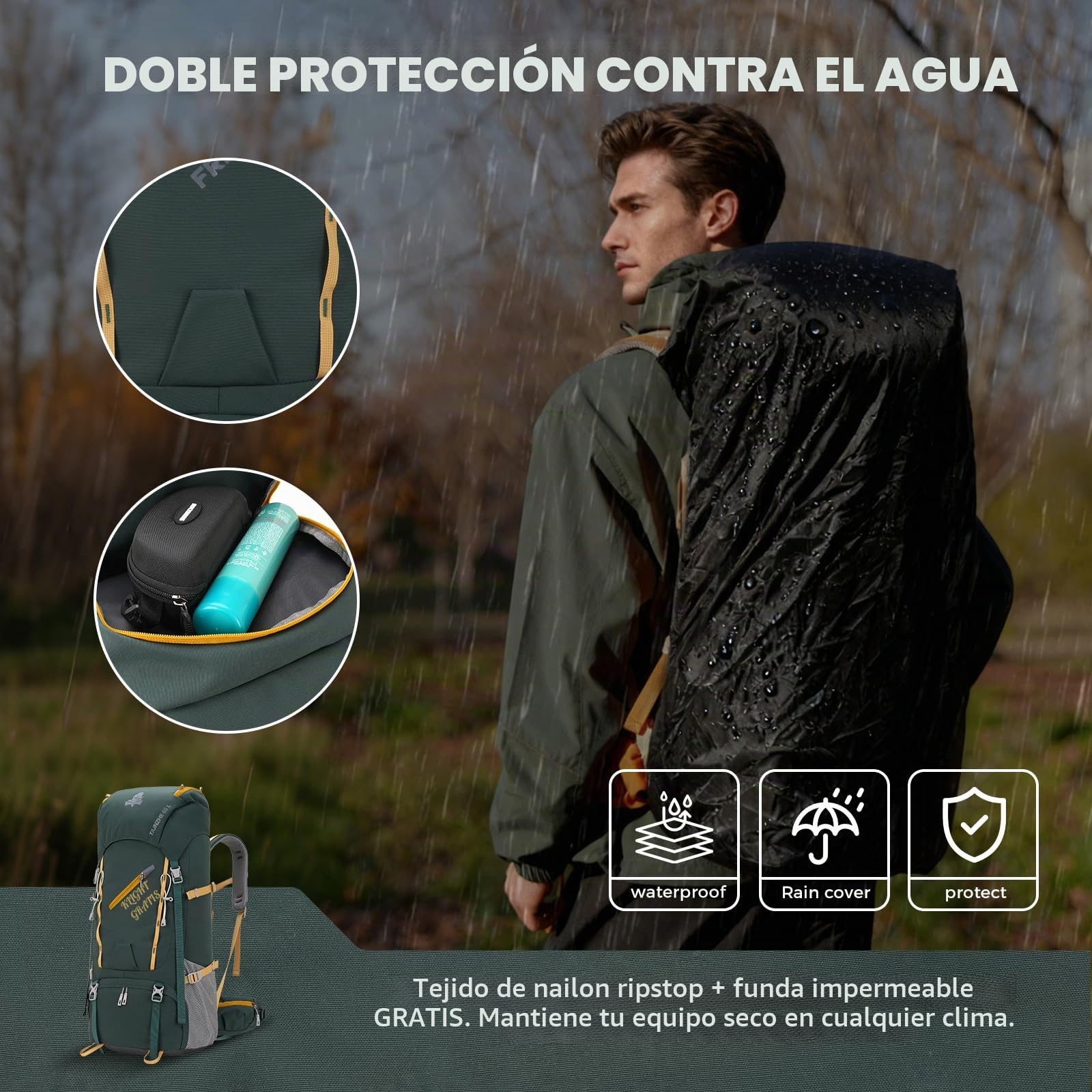 Bseash Mochila impermeable de 65 L para senderismo, camping, con cubierta para lluvia, deportes al aire libre, viajes, para escalada y turismo