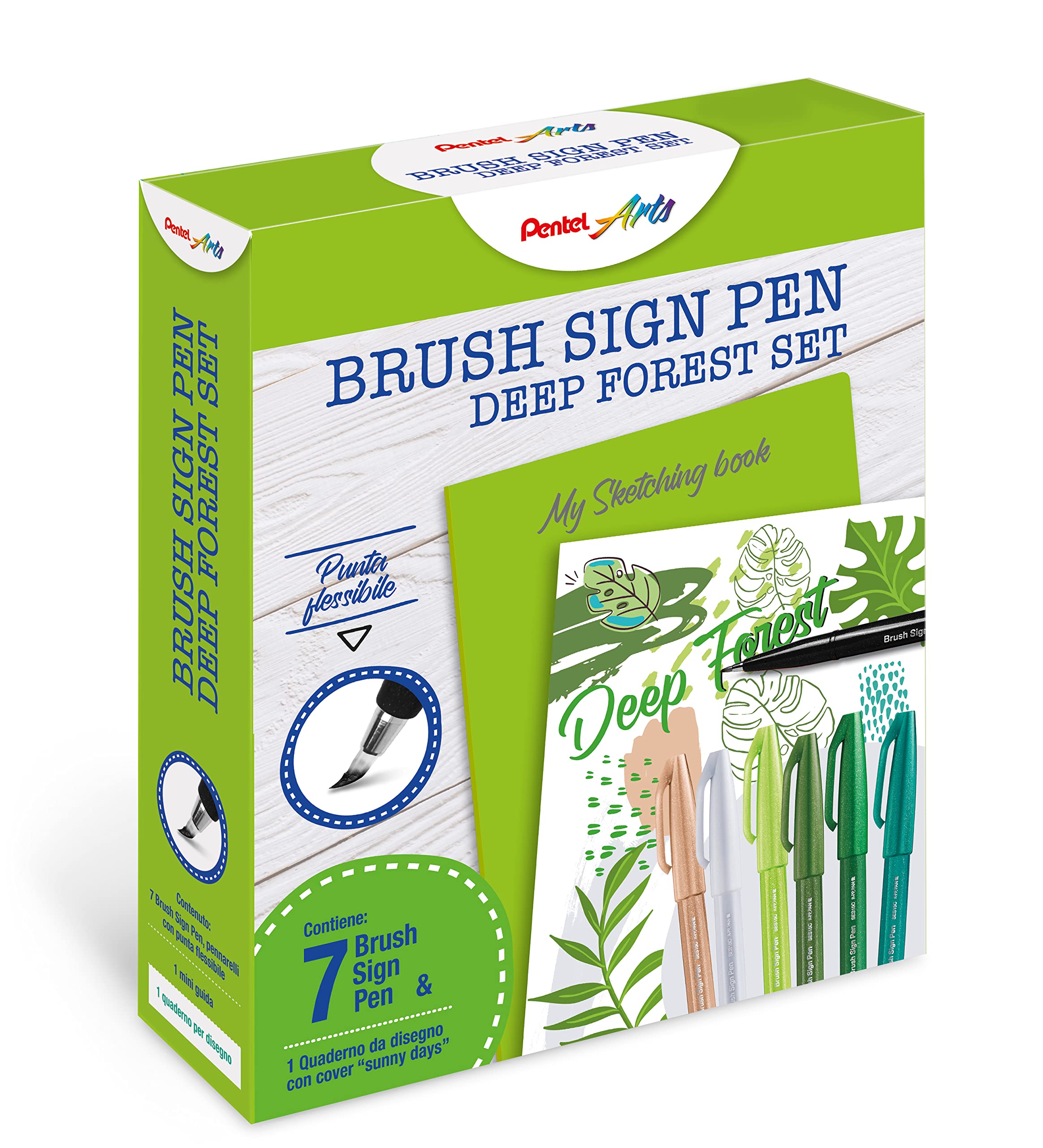 Pentel SES15C Brosse Sign Pen Deep Forest Sketching Set Avec Cahier - 7 Feutres