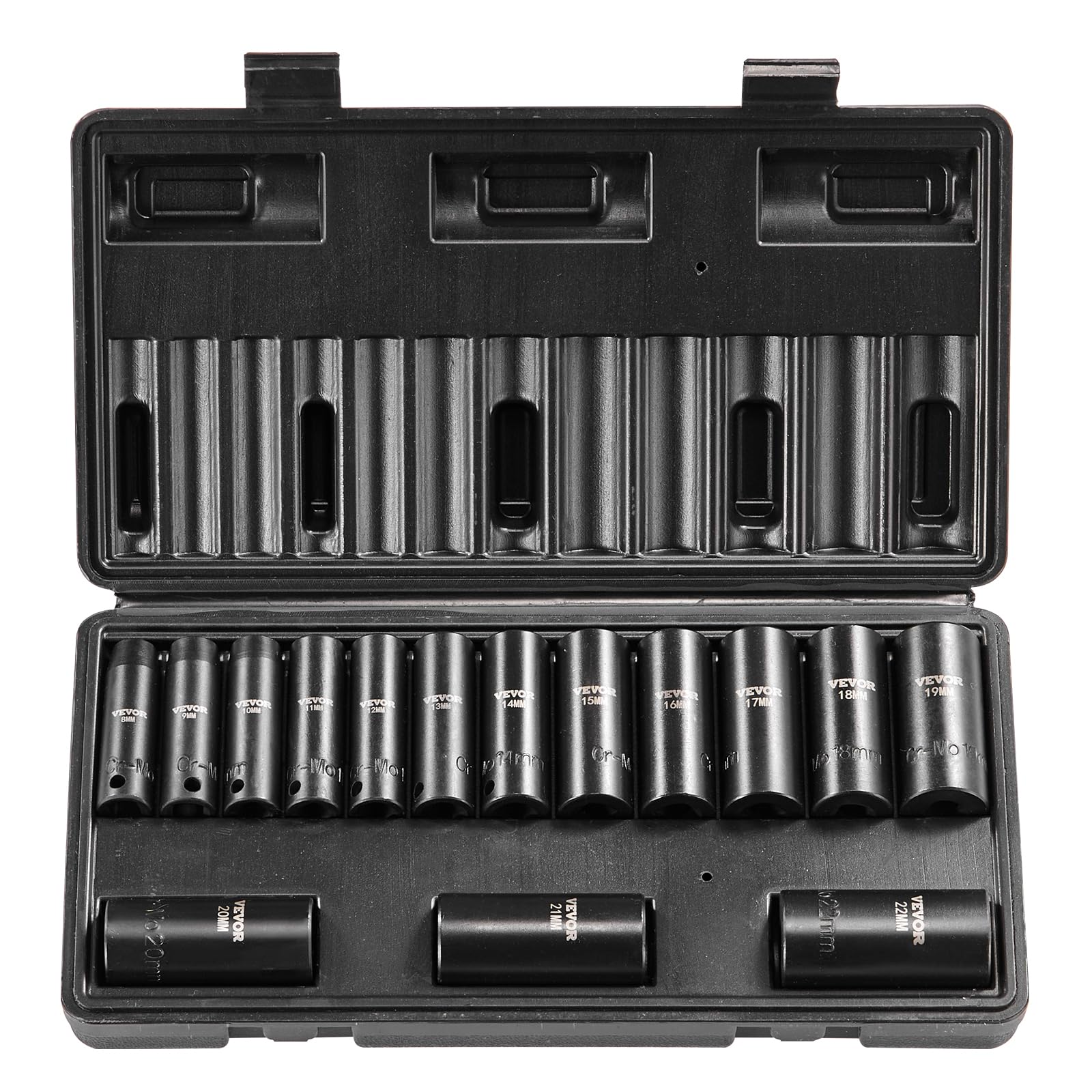 VEVOR 3/8" Drive Impact Socket Set, 15 Piece Deep Socket Set Metric 8-22mm, 6 Point Cr-Mo Alloy Steel for Auto Repair, Easy-to-Read Size Markings,
