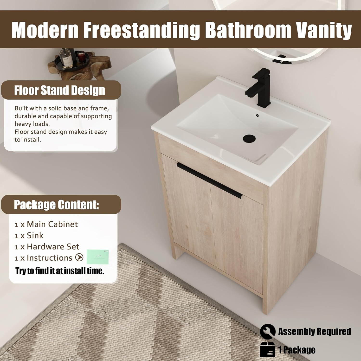 24 Inch Bathroom Vanity with Sink, 24" Freestanding Vanity, Premium Plywood Wooden Cabinet with Soft Close Doors and White Glossy Ceramic Sink, Modern Floor Stand Cabinet Set(Light Oak)