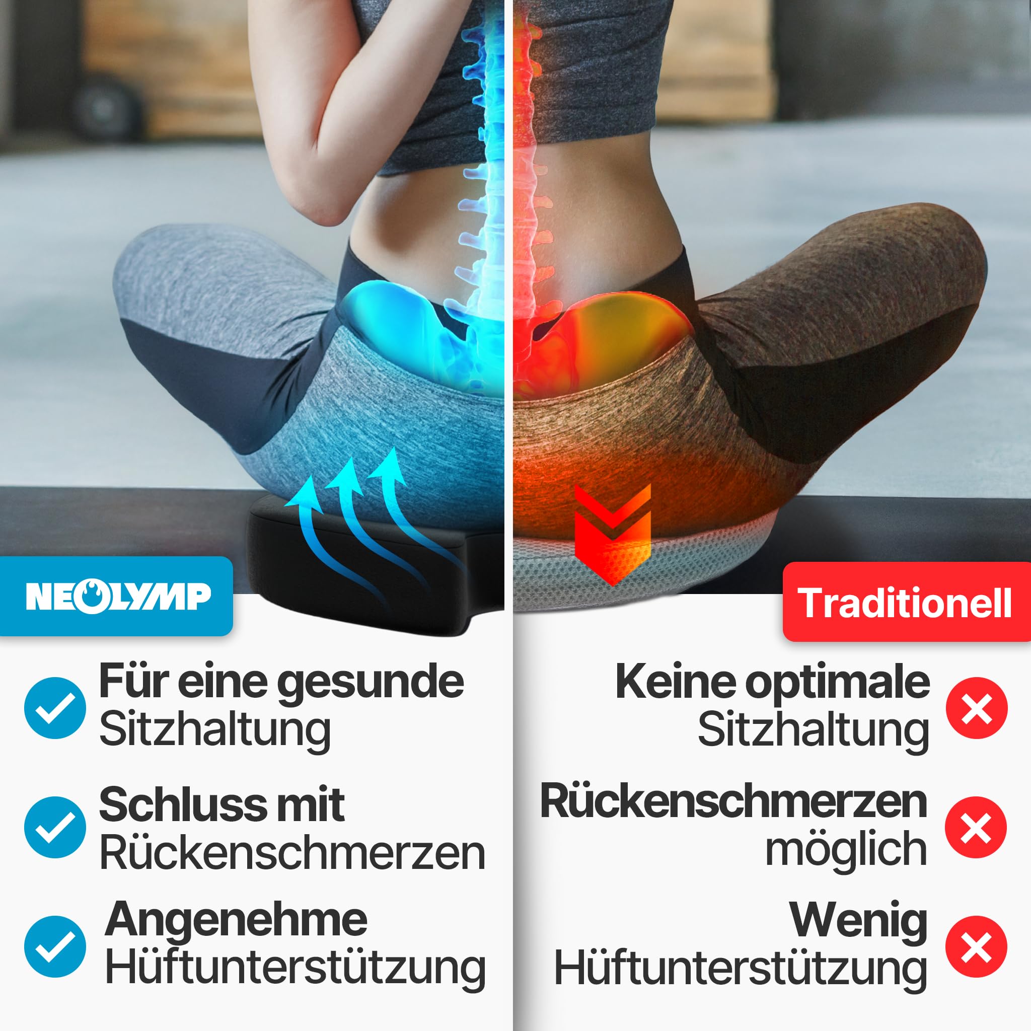 NEOLYMP Orthopädisches Sitzkissen – Memory Foam Kissen mit Steißbein-Aussparung – Ergonomisches Design für Büro, Auto & Reisen – 3 Härtegrade für Sitzkomfort (Schwarz, Fest | 80-130 kg)