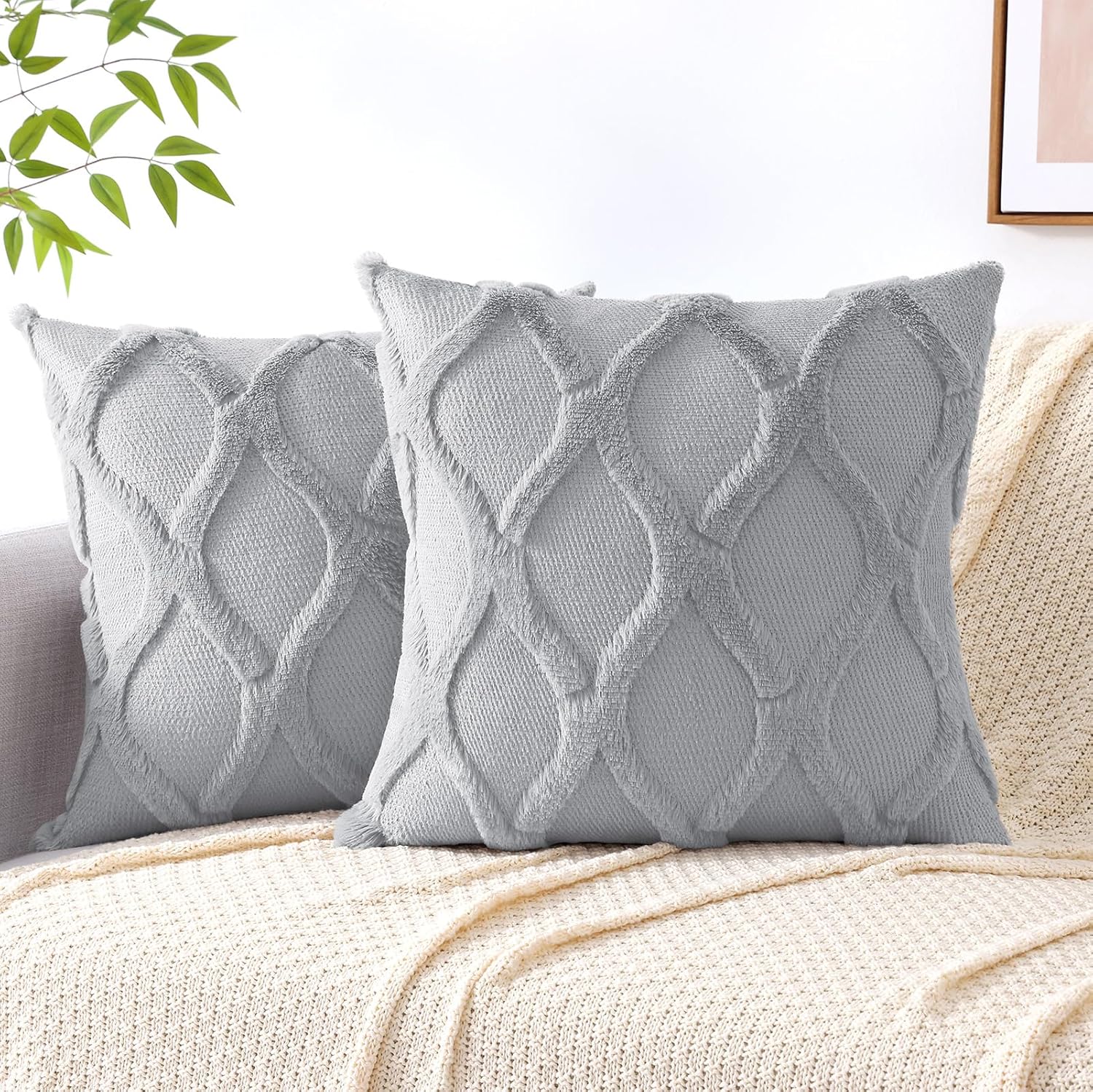 decoruhome throw pillow covers 18x18 inch set of 2, soft plush faux fur wool grey couch pillow covers, decorative neutral pillow cases for bed sofa living room home decor grey 18" x 18" (pack of 2)