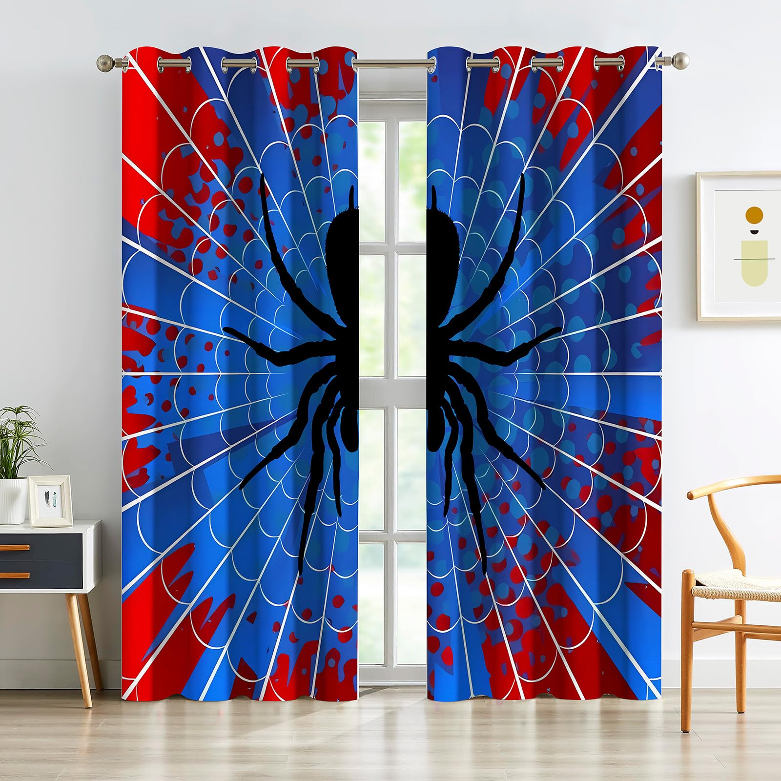 OSUNBD Spider Web Curtains - Blue & Red Superhero Design - Blackout Thermal Insulated Drapes for Kids Room, Bedroom, Living Room - 52 x 84 Inches, 2