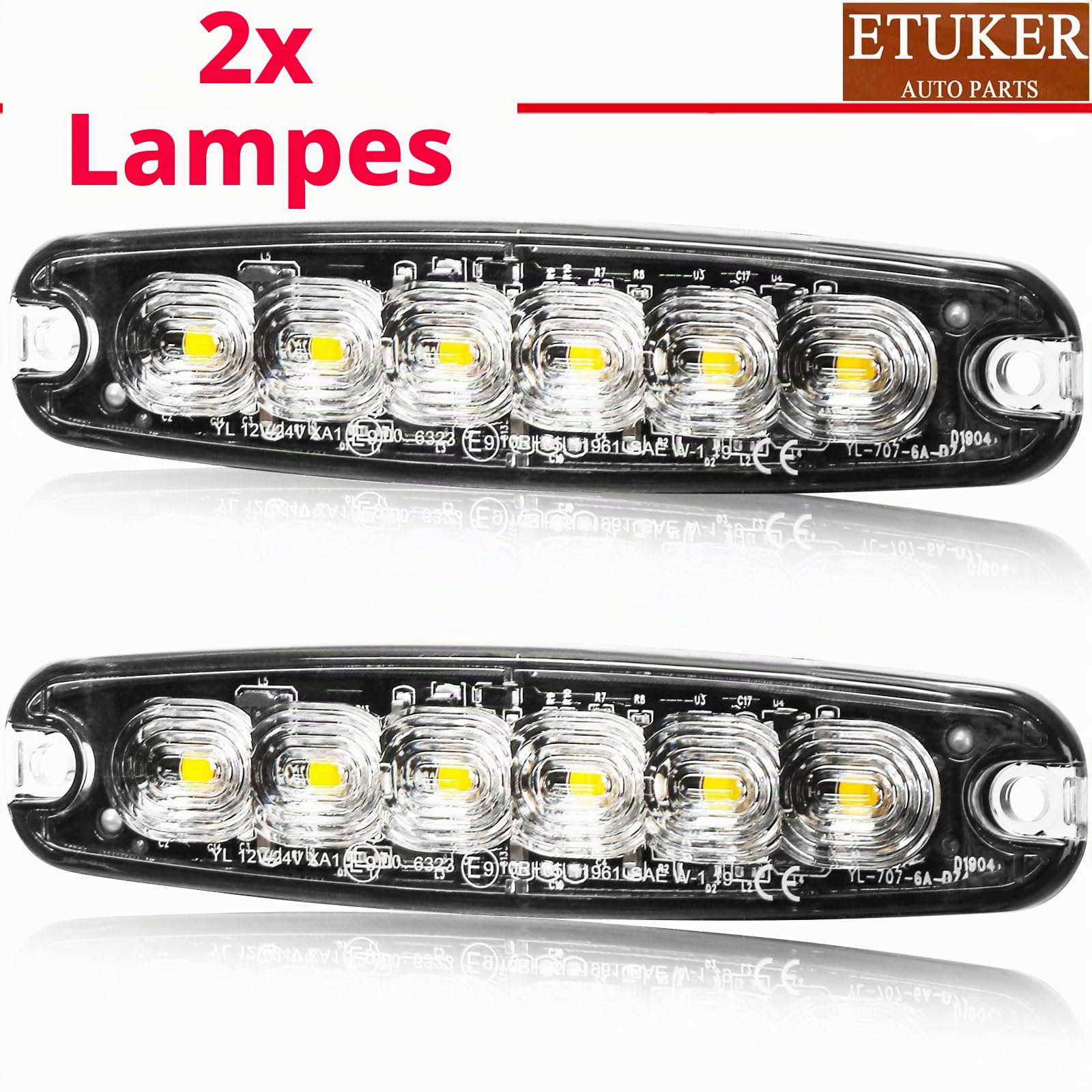 2x 6LEDS Gyrophare 12/24V Feu de Freinage Stroboscopique Ambre pour Camion Voiture Véhicule
