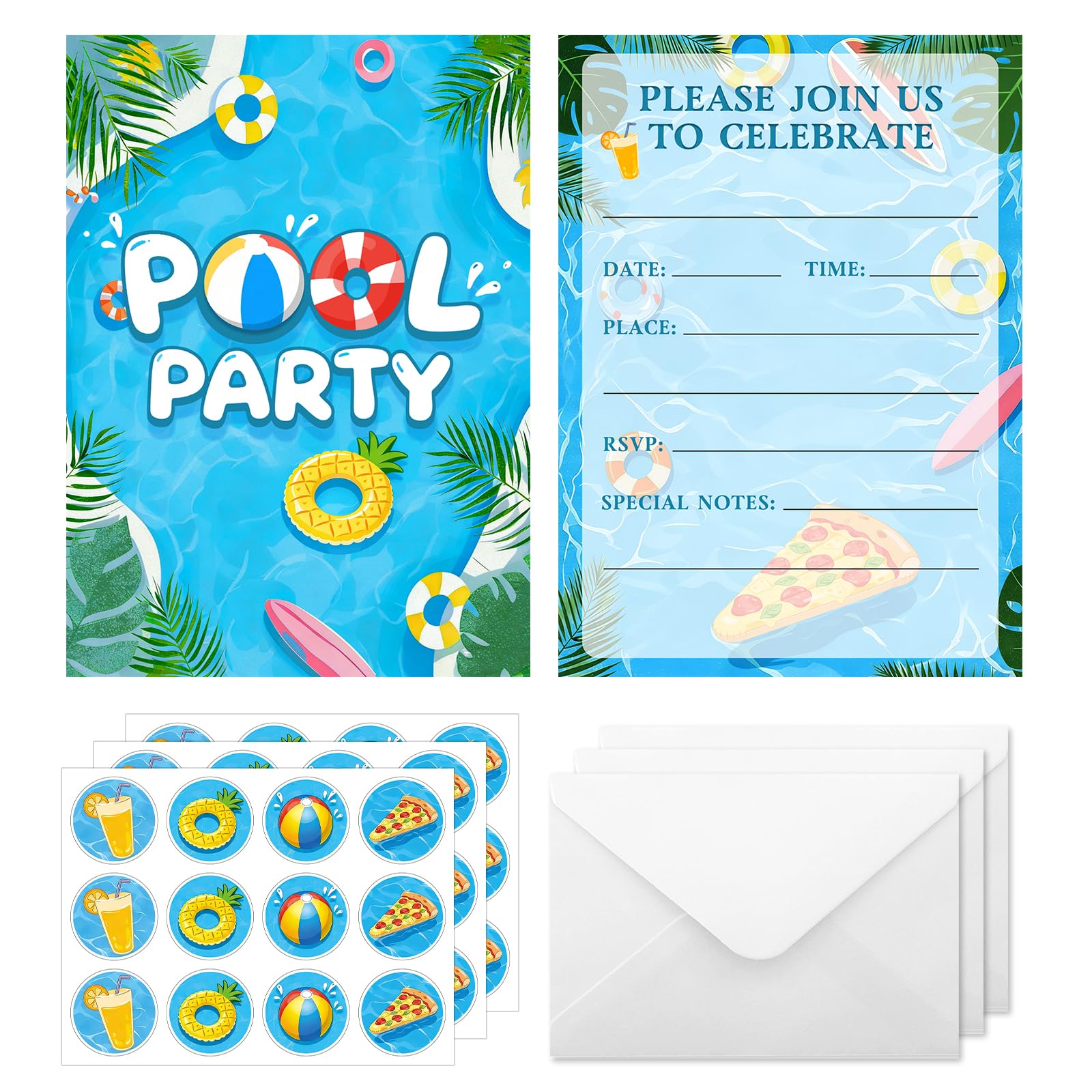 IHCEMIH Pool Party Invitations Kids Birthday with Envelopes and Stickers - 36 Pack Swimming Pool Party Invites Cards Girls Boys Children Fun Summer Water Splash Themed Size 12.7x17.7cm — image 1