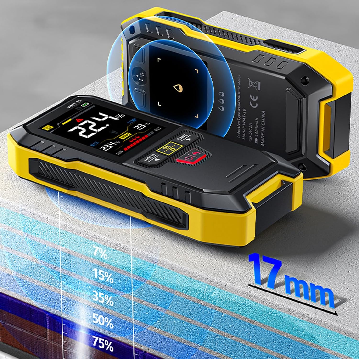 Wood Humidity Meter, Pinless Non Destructive 2.4 Inch Color Screen Water Content Tester with Reminder System, Data Storage, with Flashlight, for Gypsum Wall, Softwood, Hardwood